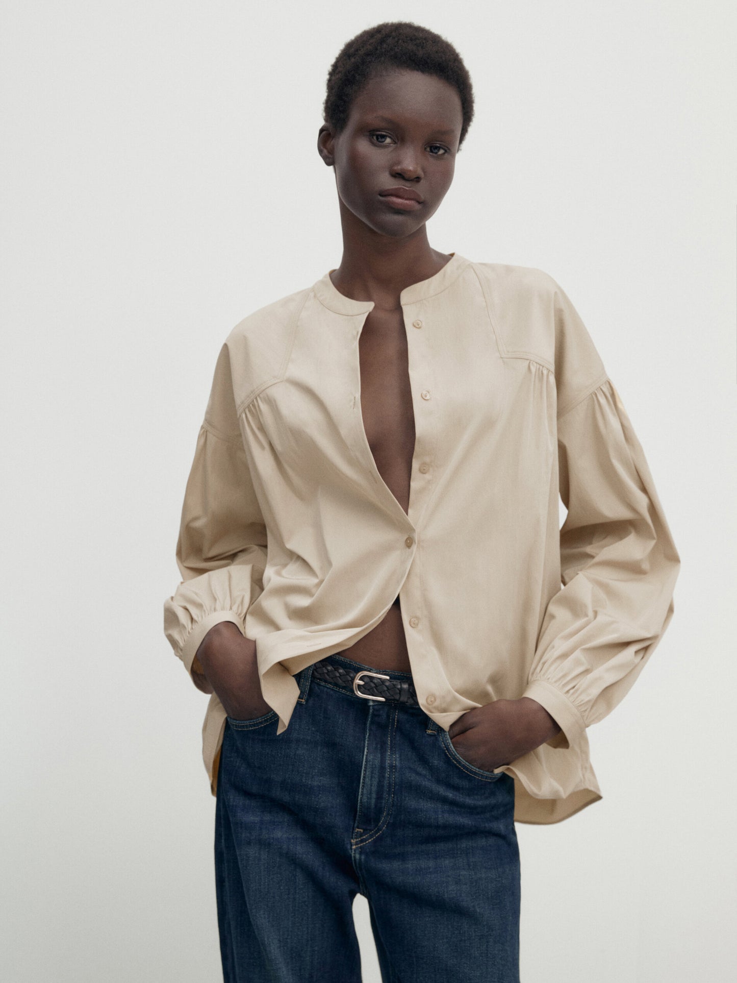 Shirt with Gathering and Standup Collar