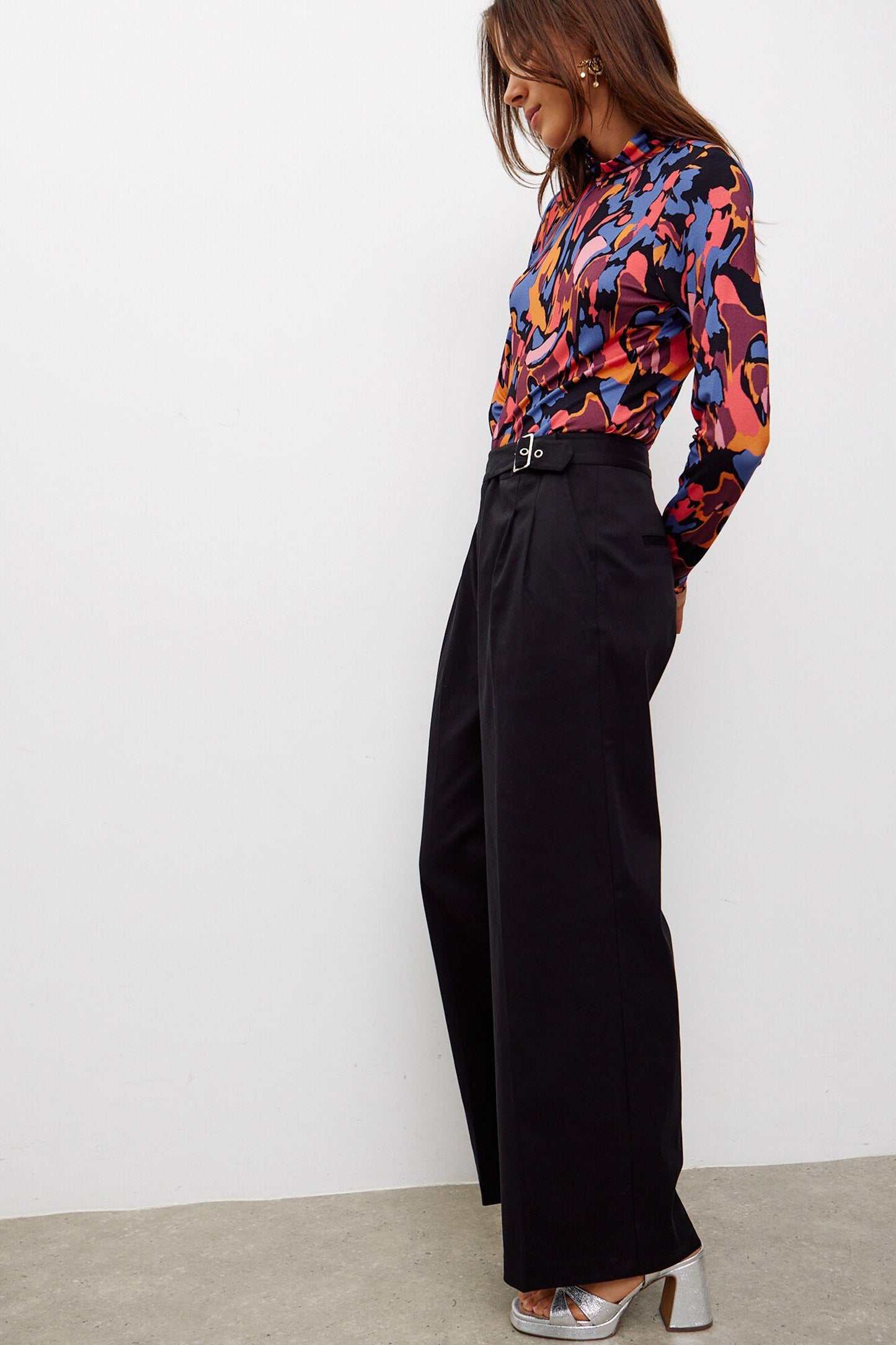 Wide Leg Buckle Waist Black Trousers