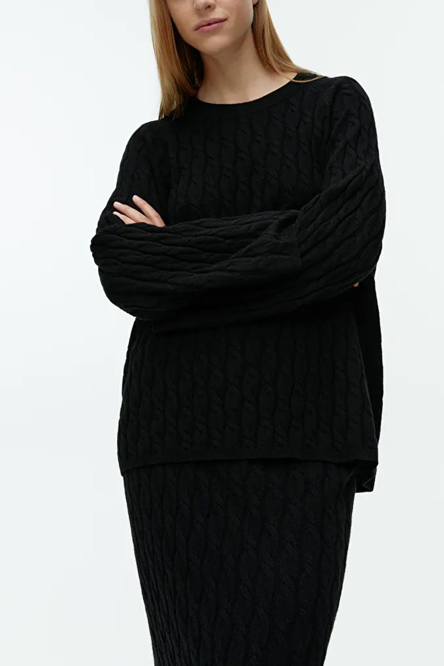 Black Relaxed Cable-Knit Jumper and Skirt