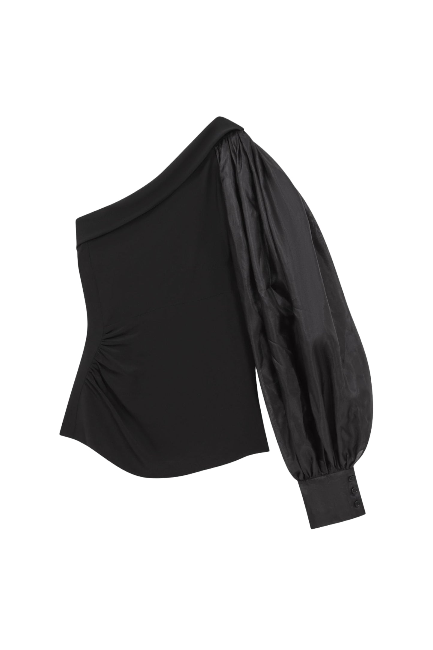 Black Renee One-Shoulder Blouson Sleeve Ruche Top