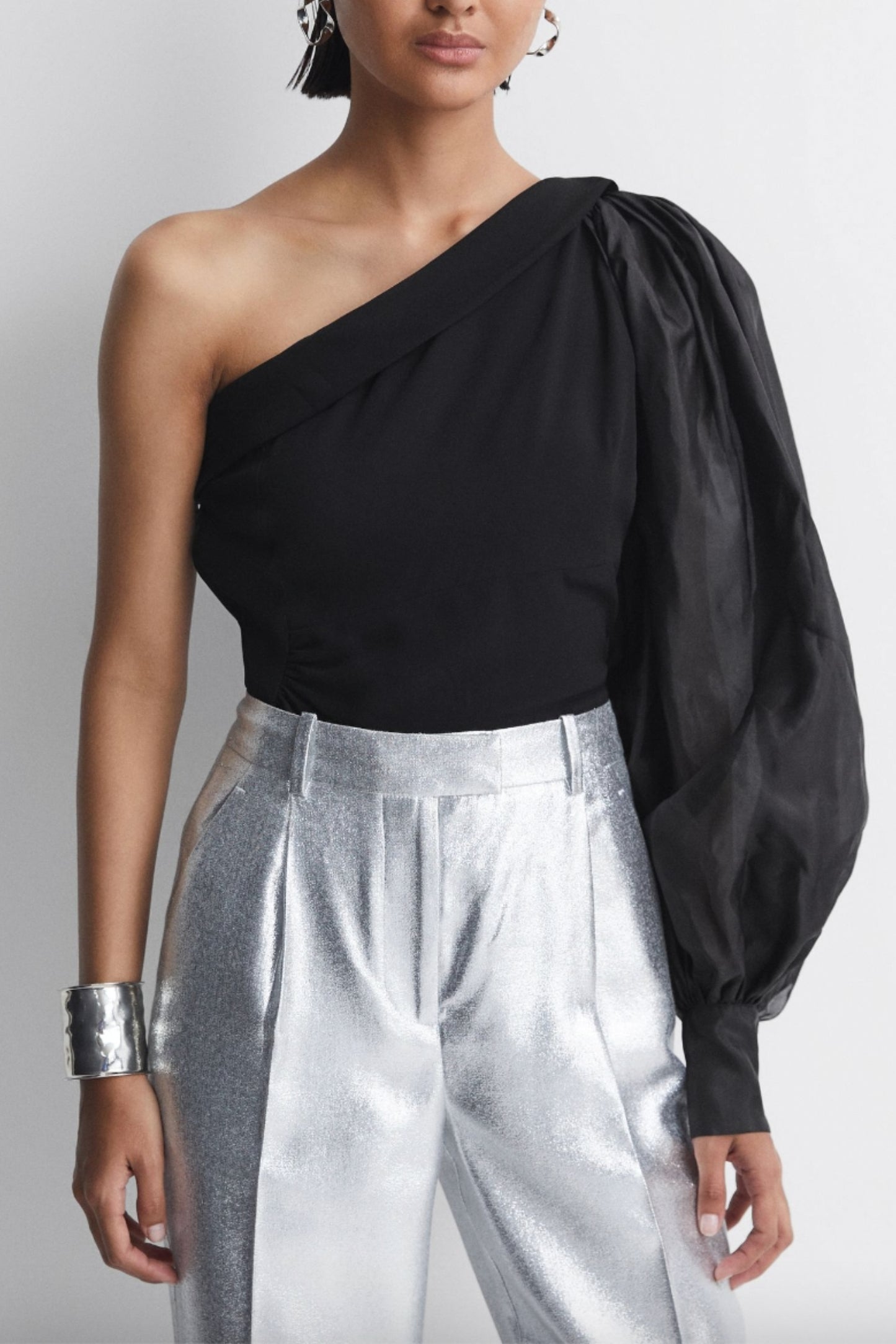 Black Renee One-Shoulder Blouson Sleeve Ruche Top