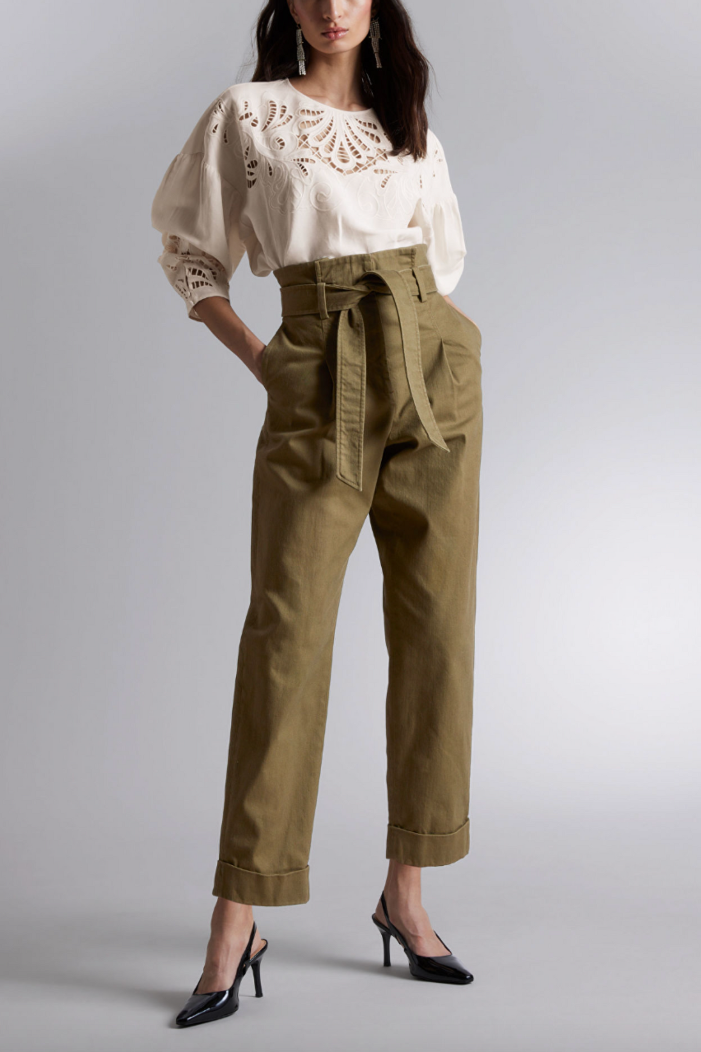 Khaki Cropped Paperbag Trousers