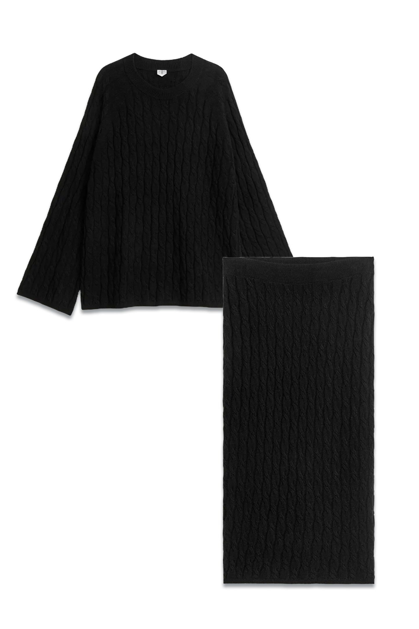 Black Relaxed Cable-Knit Jumper and Skirt