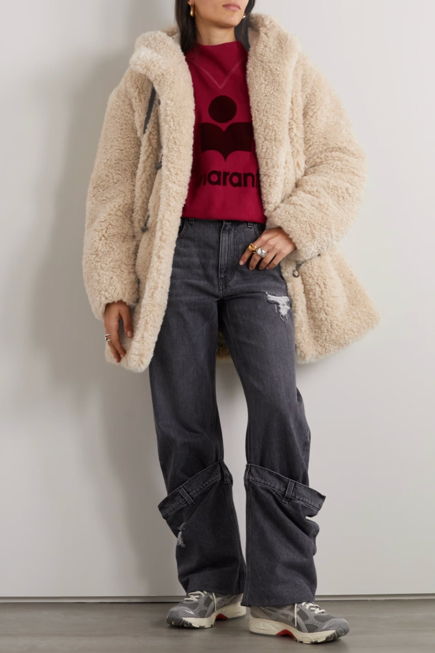 Florene Ecru Oversized Hooded Faux Shearling Coat