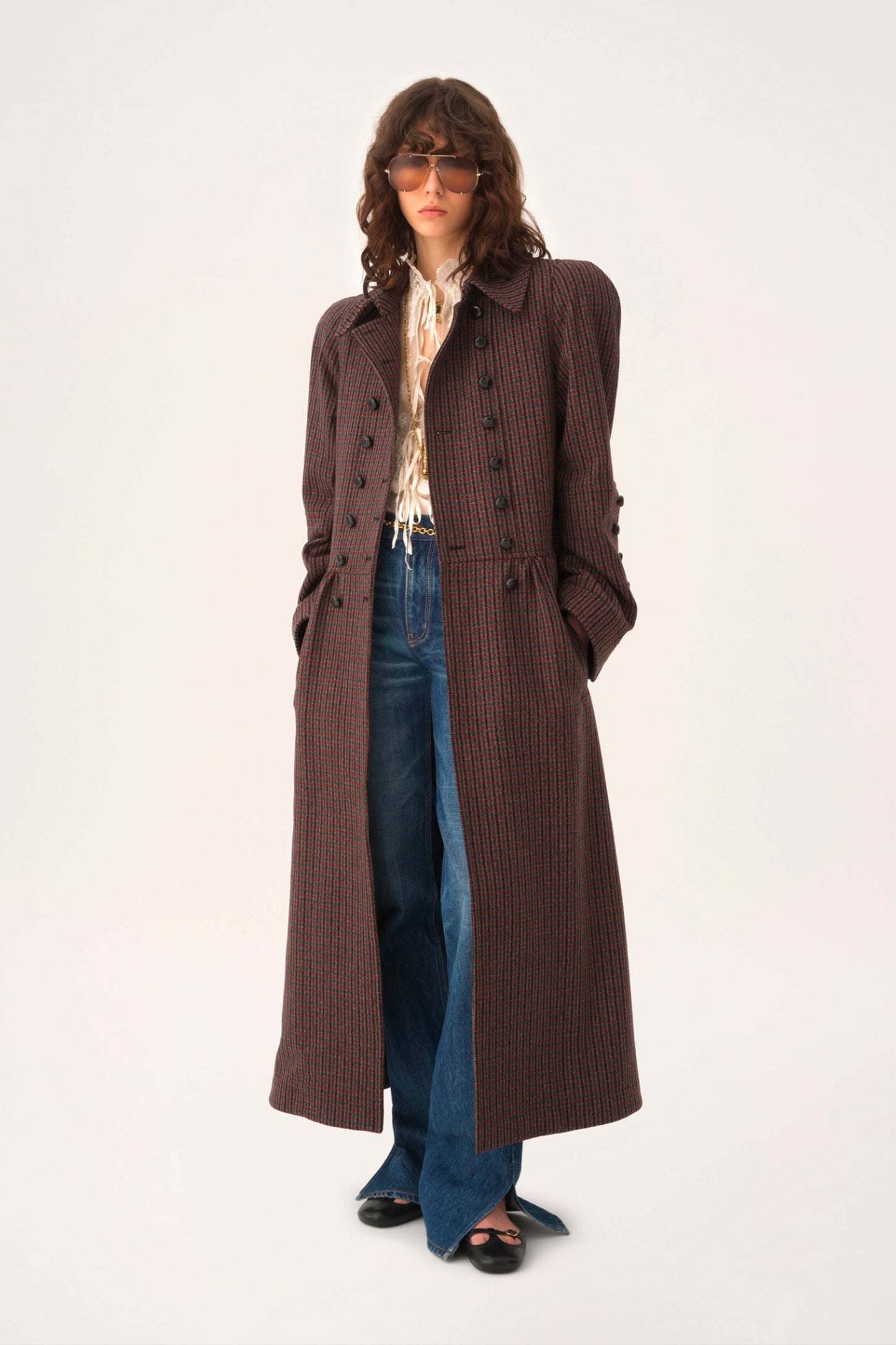 Double-breasted Riding Coat in Houndstooth Wool