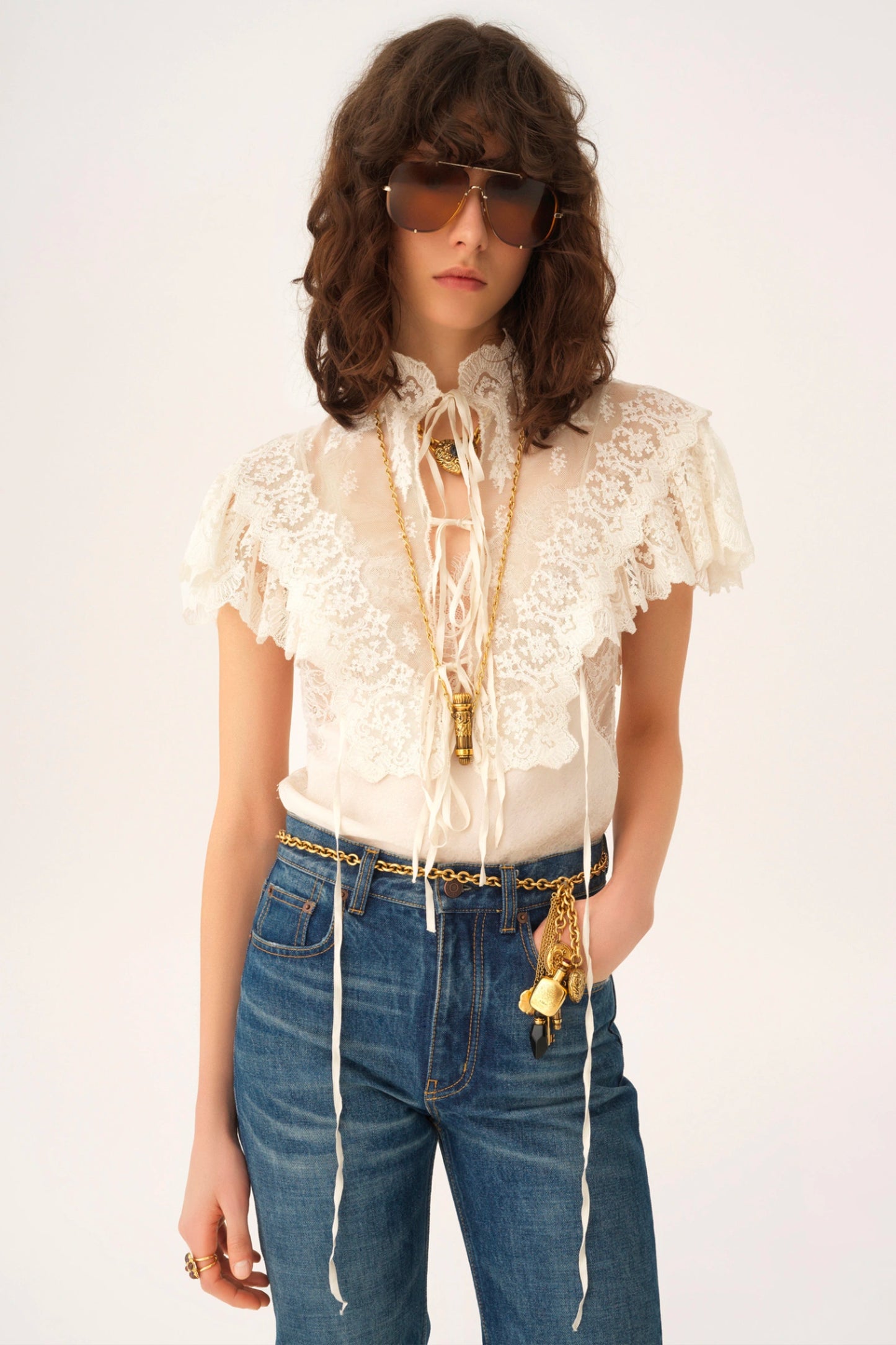 High-neck Cropped Top in Cotton Tulle & Lace