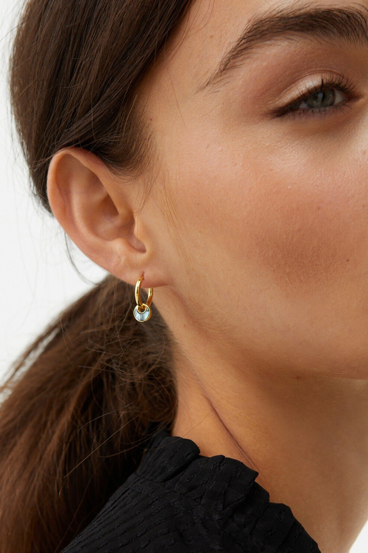 Lottie Curved Abalone Shell Inlay Disc Drop Gold Plated Huggie Earrings