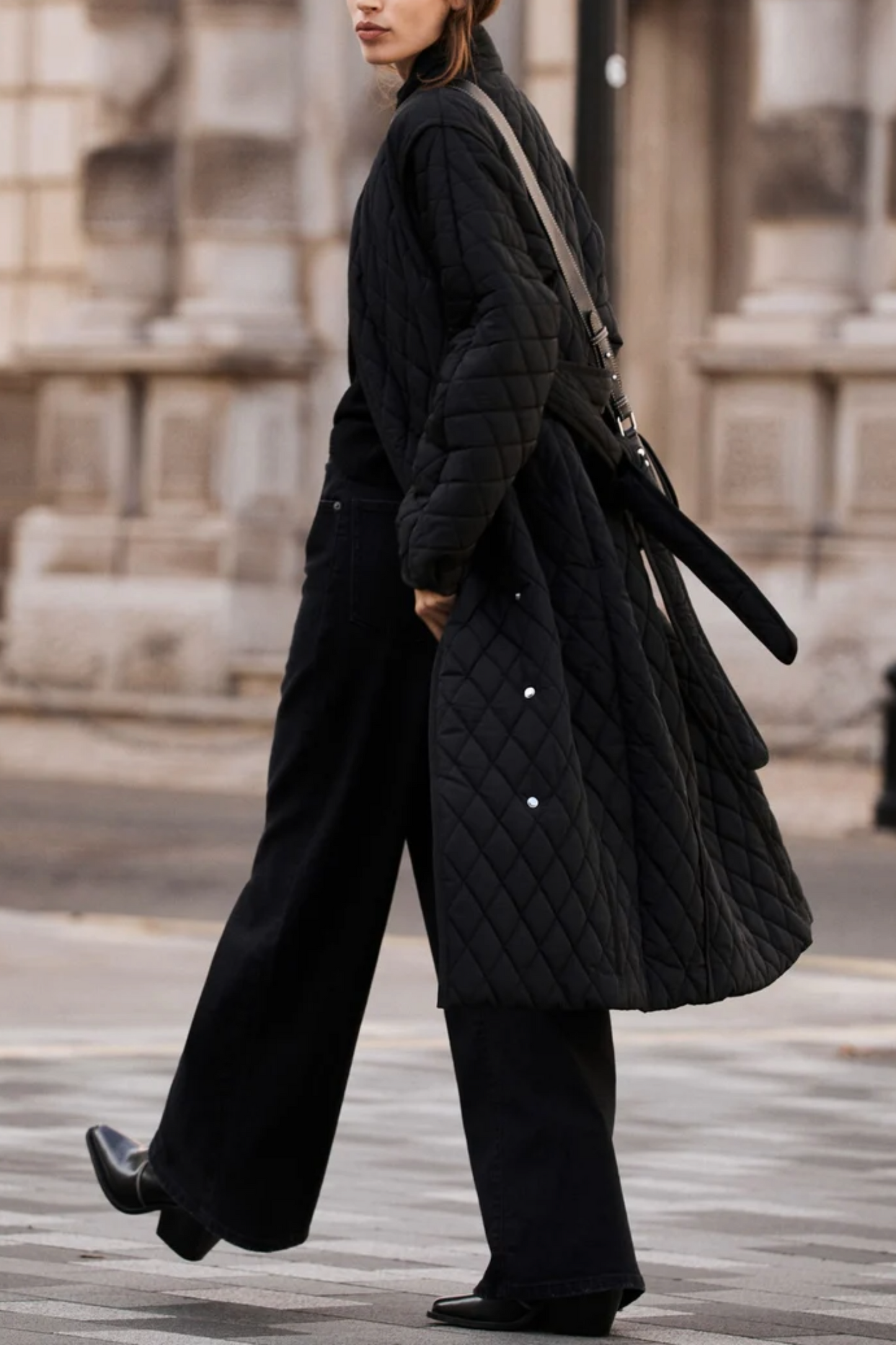 Black Quilted Belted Wrap Coat