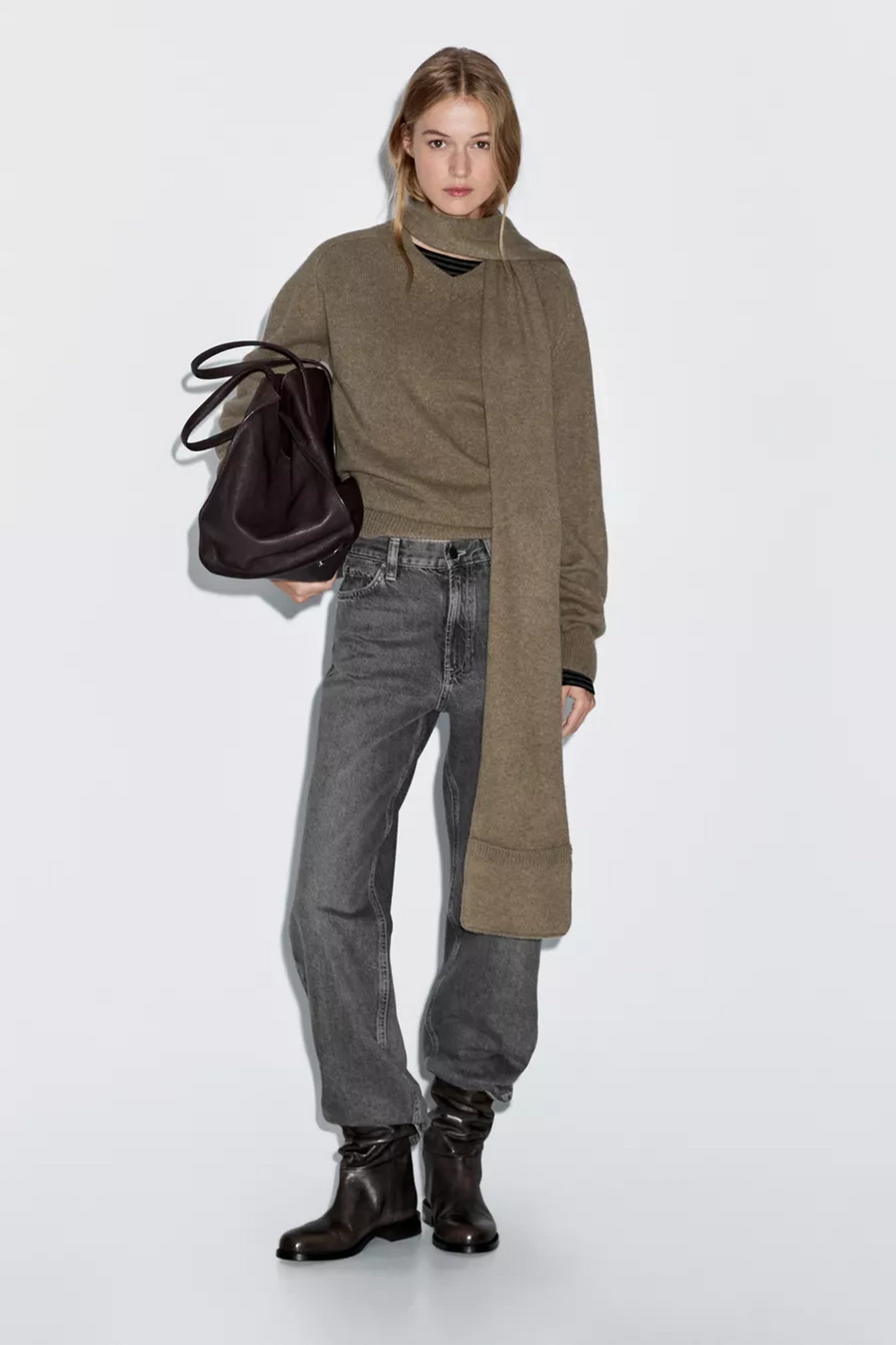 Wool Knit Sweater With Scarf and Pocket