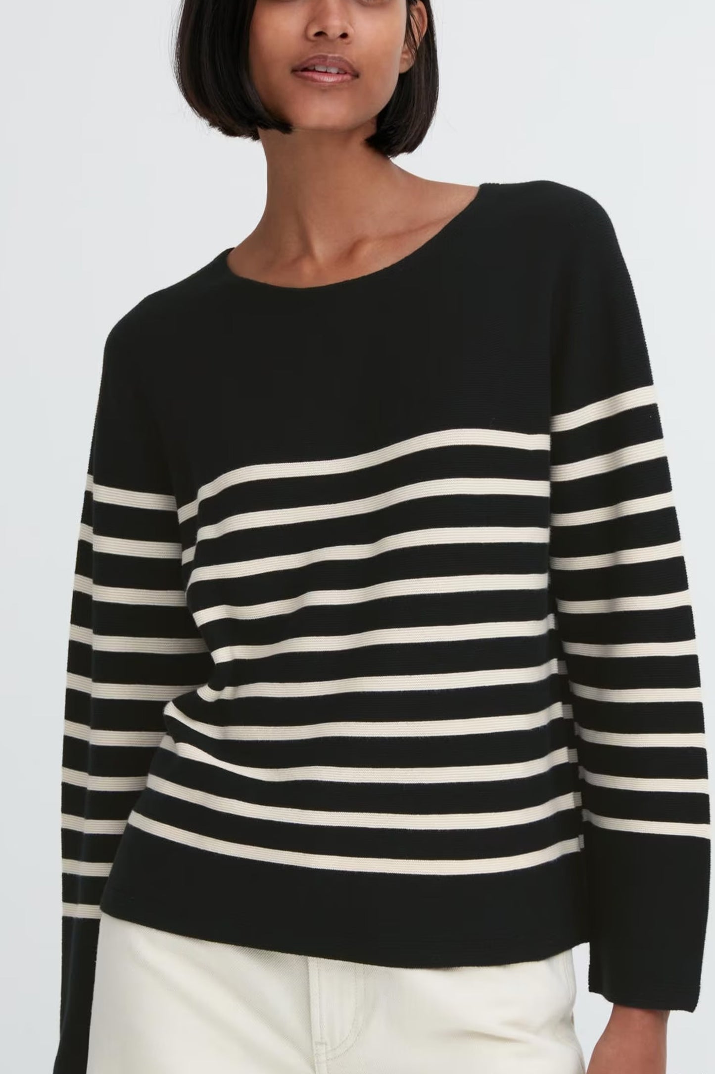 3D Knit Seamless Cotton Striped Crew Neck Jumper