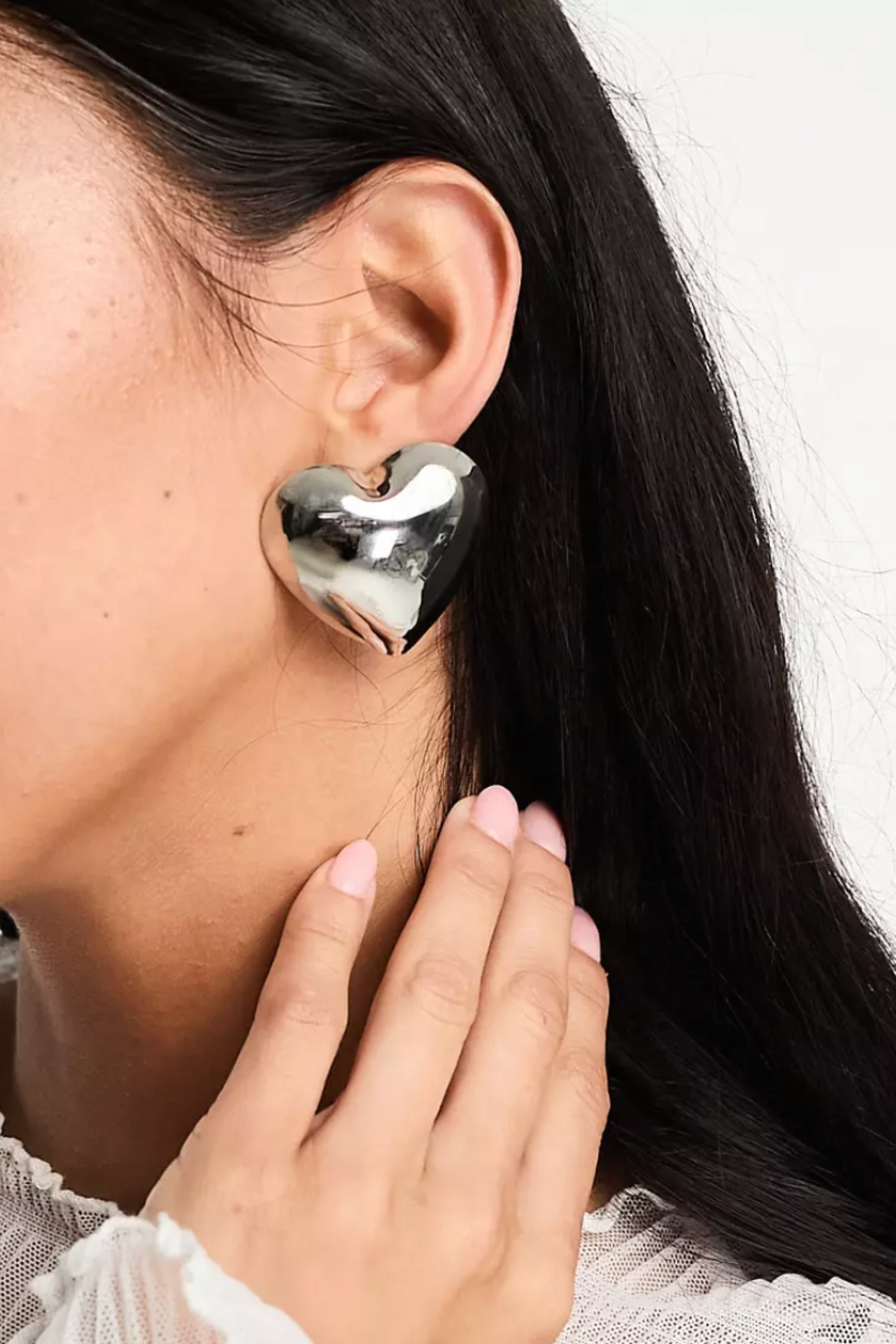 Stud Earrings with Oversized Puff Heart in Silver Tone