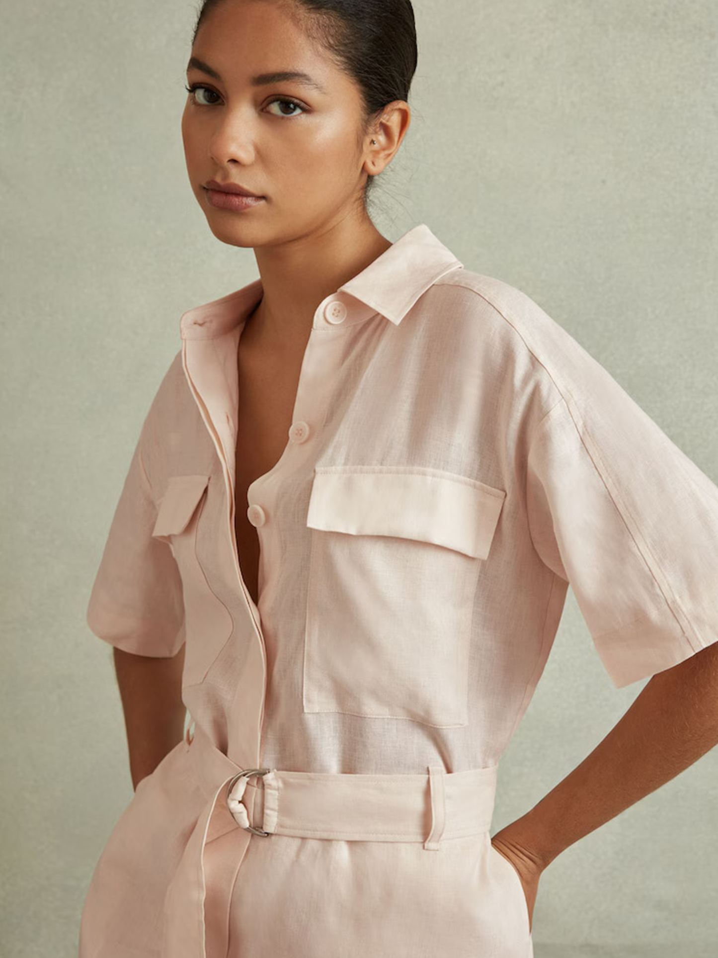 Linen Belted Playsuit in Pink