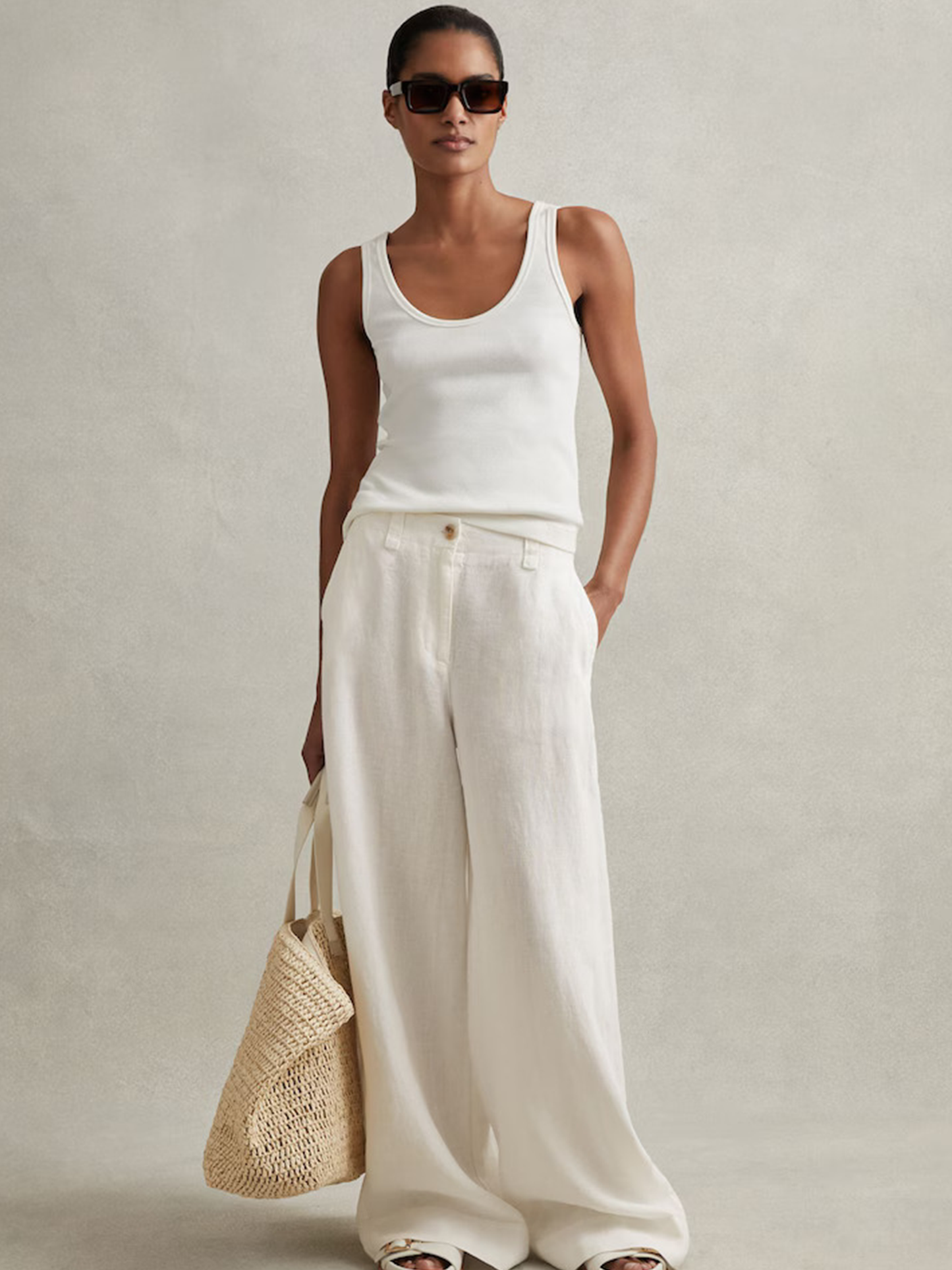 Linen Wide Leg Garment Dyed Trousers in White