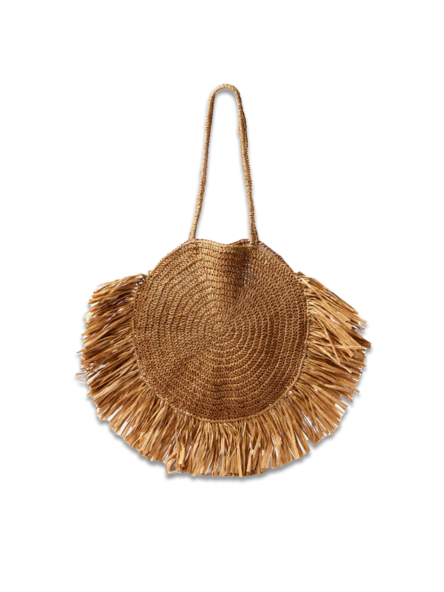 Neutral Circular Woven Fringe Bag