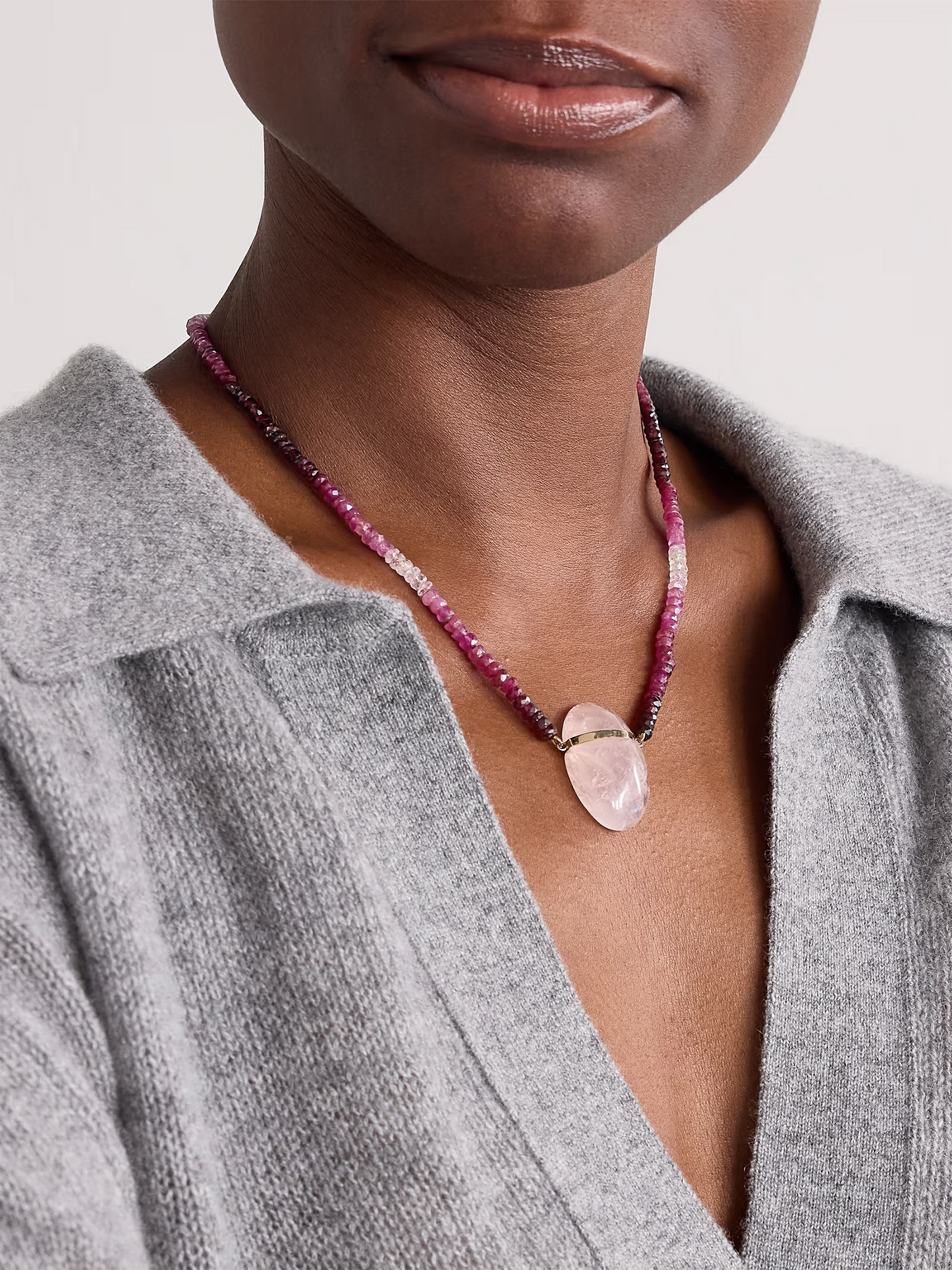 Gold, ruby and rose quartz necklace