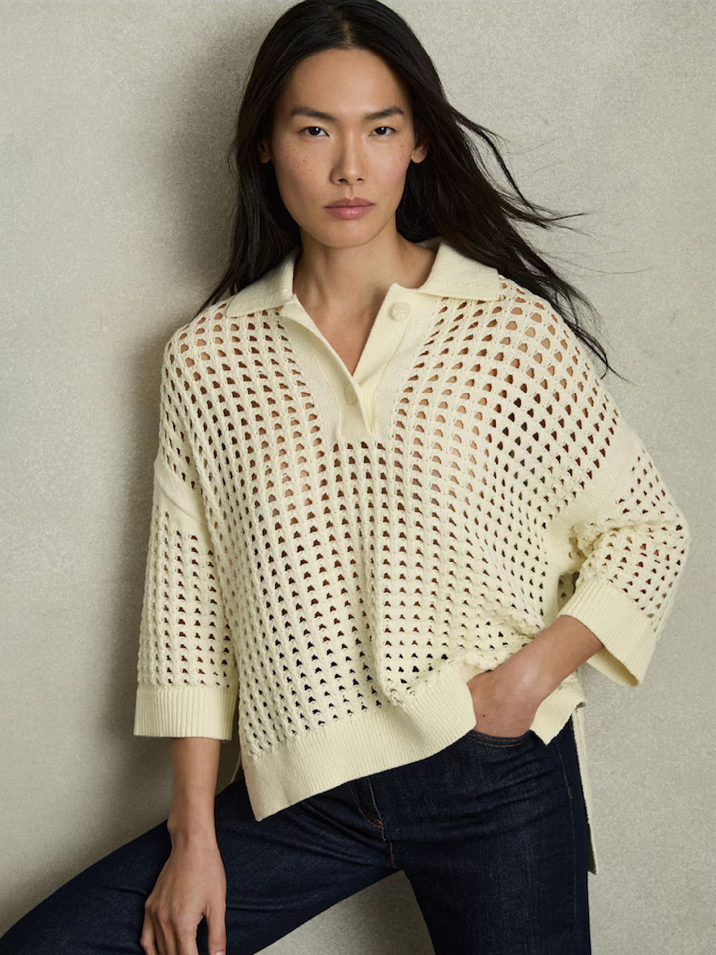 Reika Cotton Crochet Collared Jumper in Buttermilk