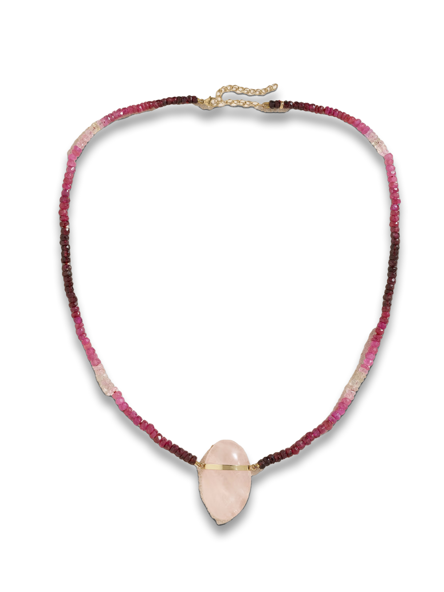 Gold, ruby and rose quartz necklace