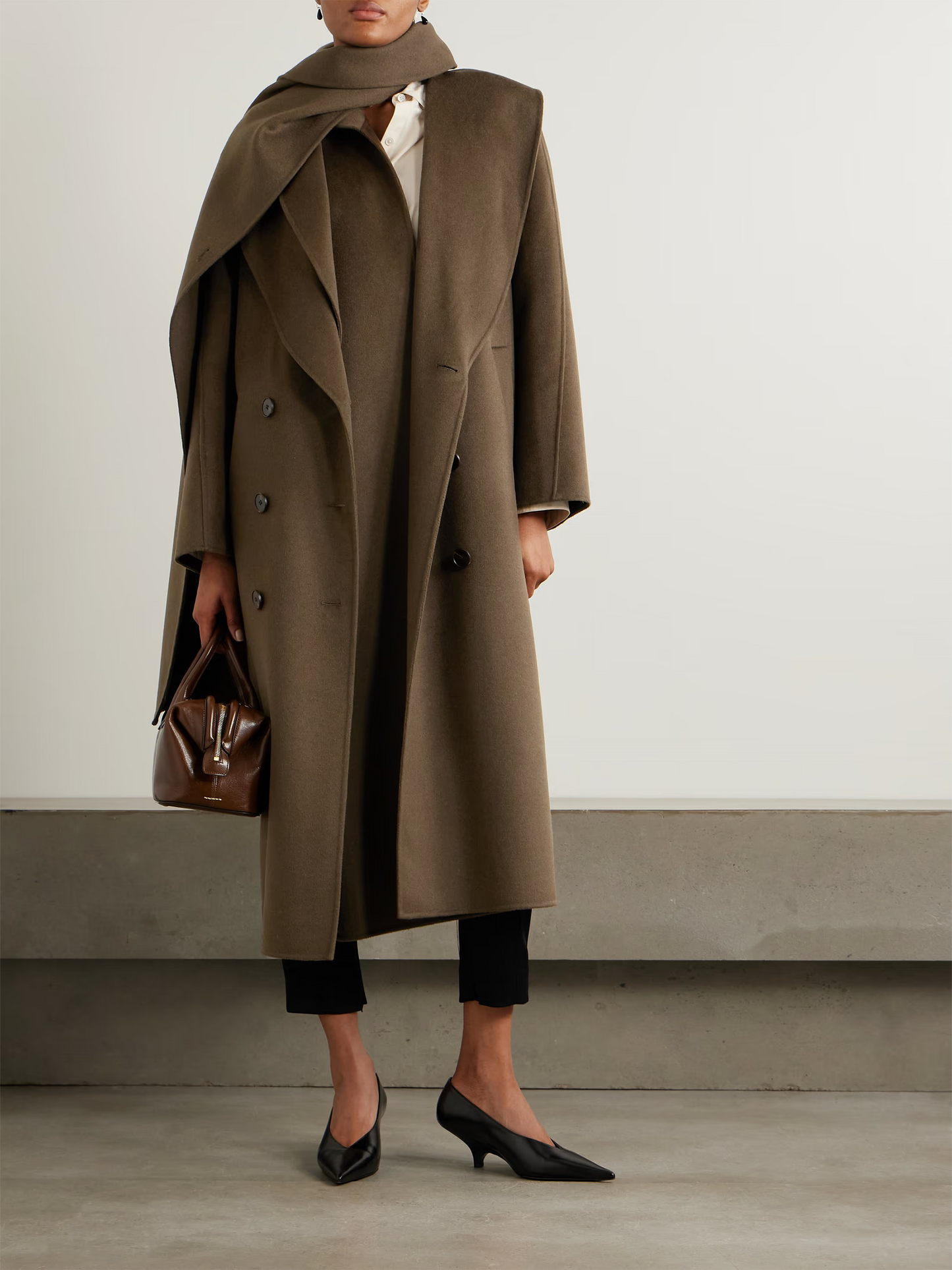 Double-breasted scarf-detailed layered wool coat