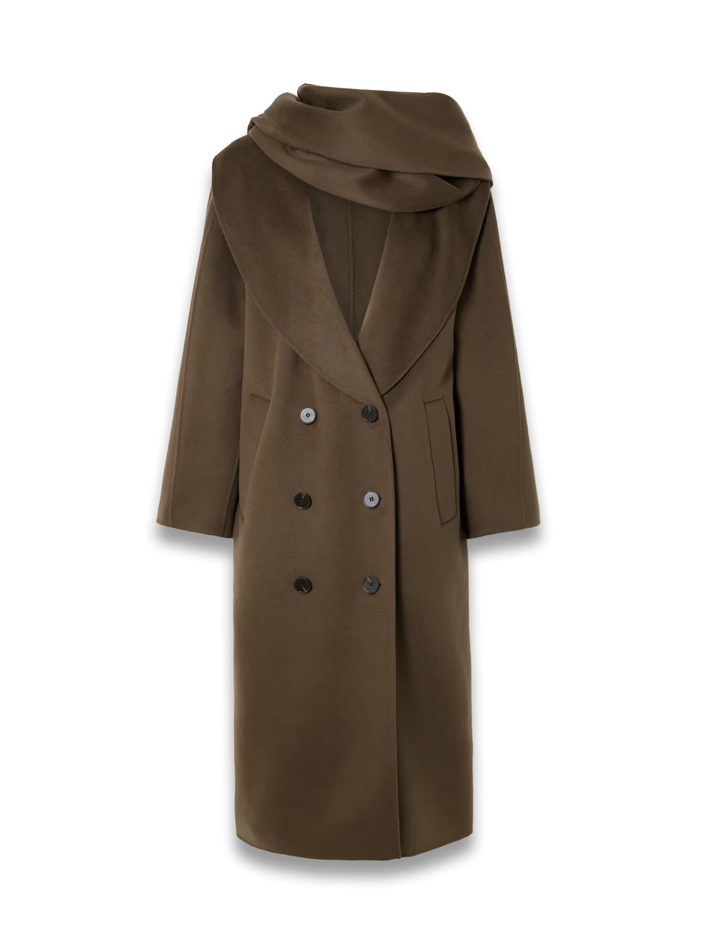 Double-breasted scarf-detailed layered wool coat