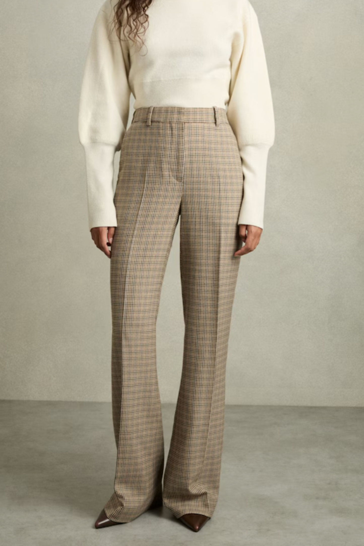 Wool Wide-Leg Houndstooth-Check Trousers in Brown Check