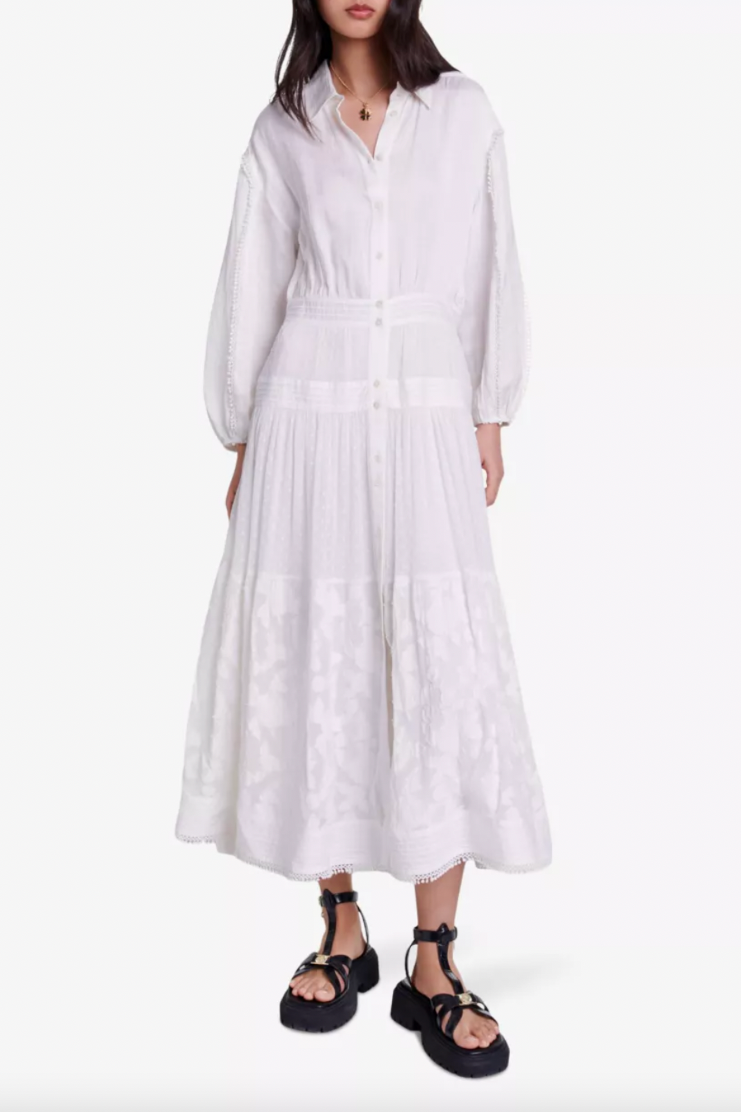 Flower-Embroidered Button-Down Linen-Blend Maxi Dress
