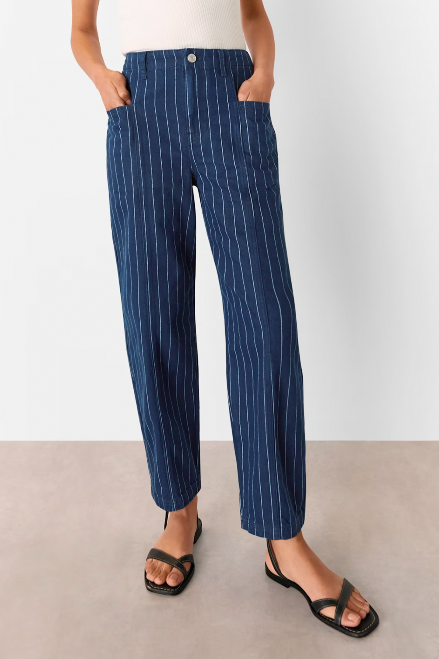 Navy Pinstripe Barrel Leg Jean