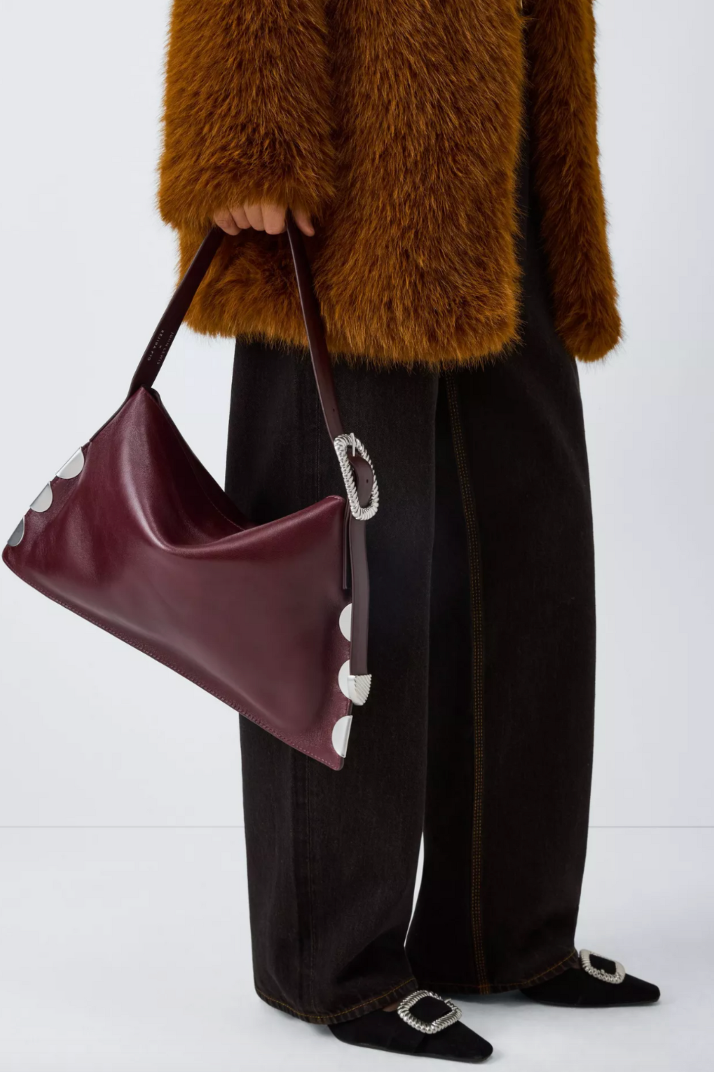 Leather East West Belt Hobo Shoulder Bag, Burgundy