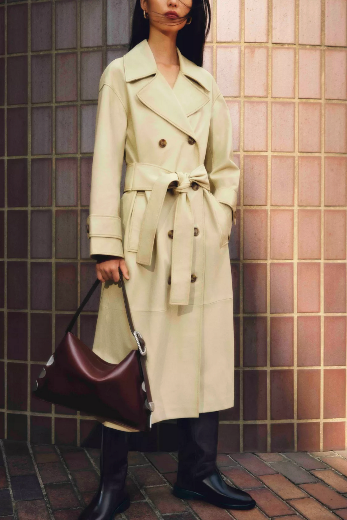Longline Soft Leather Belted Trench Coat, Soft Yellow