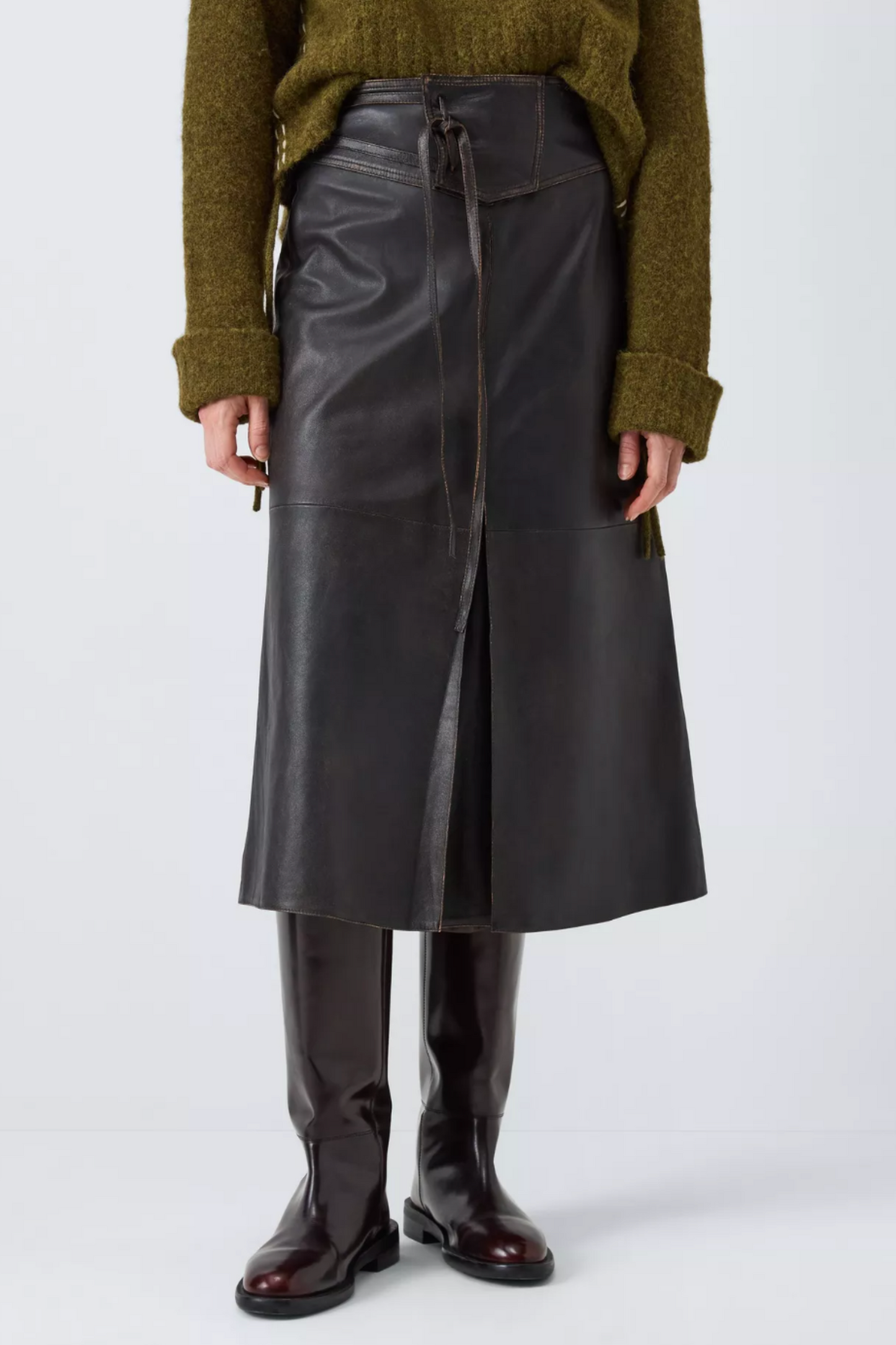Authentic Wash Leather Tie Front Leather Midi Skirt, Brown