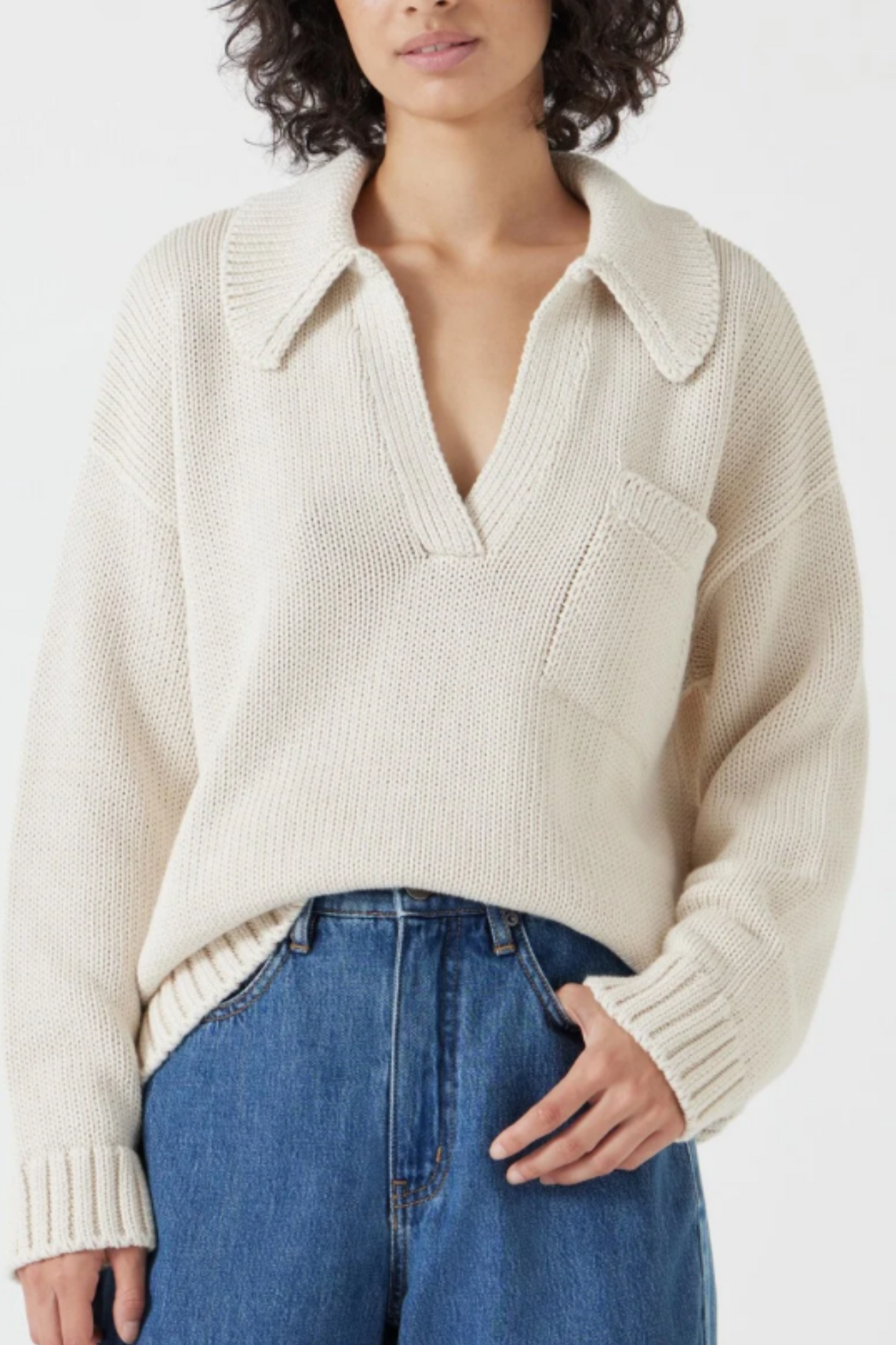 Knitted Cotton Collar Jumper With Pocket