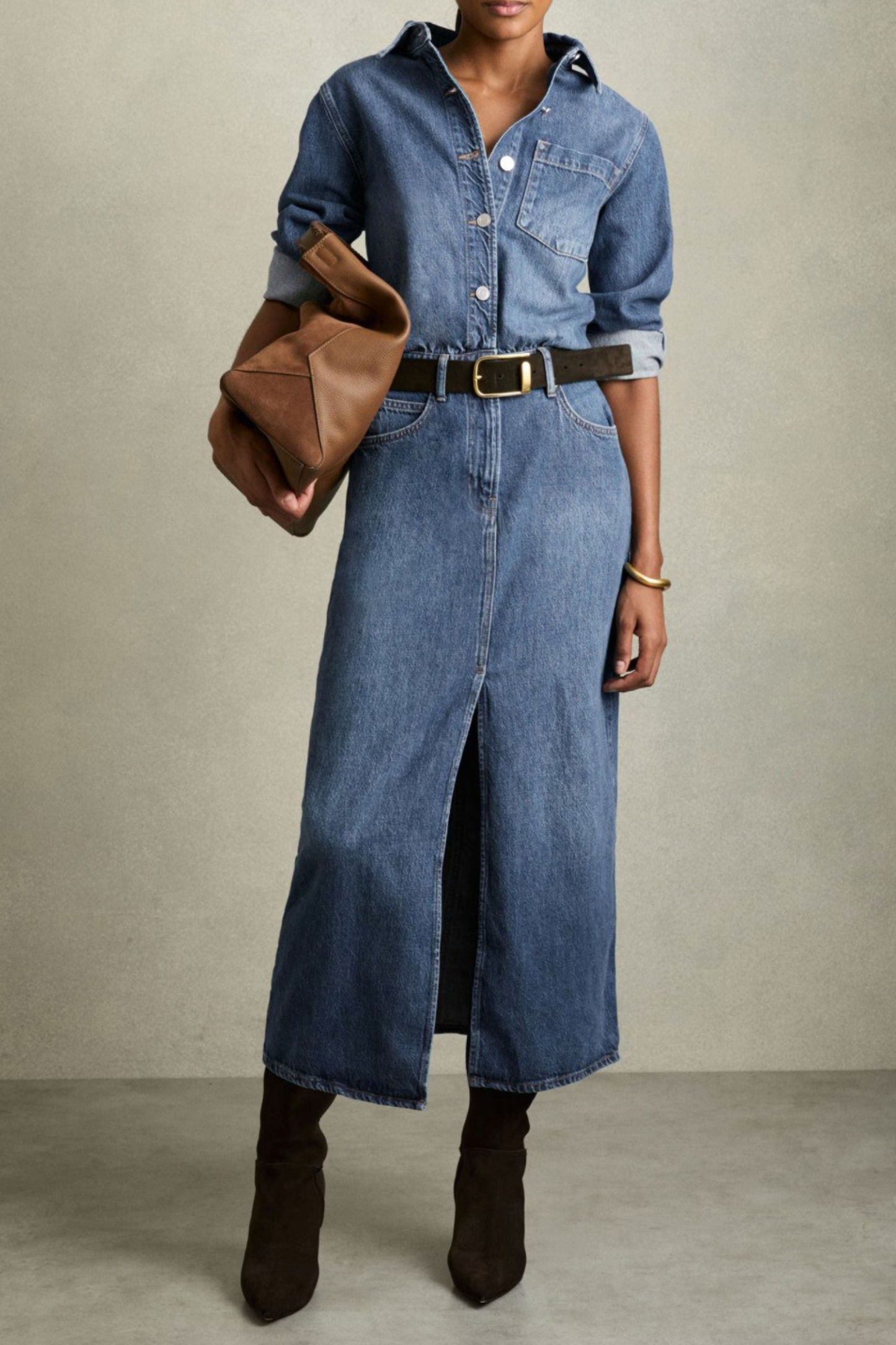Terra Denim Button-Through Midi Dress In Indigo
