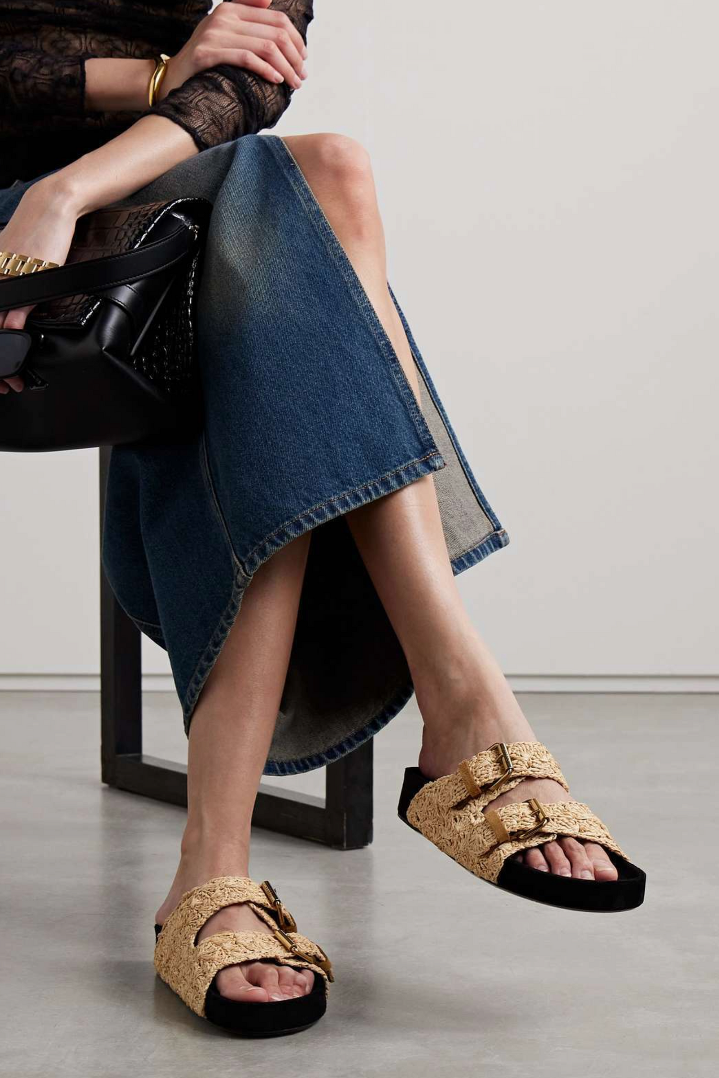 ISABEL MARANT Lennyo Buckled Suede-trimmed Raffia Slides