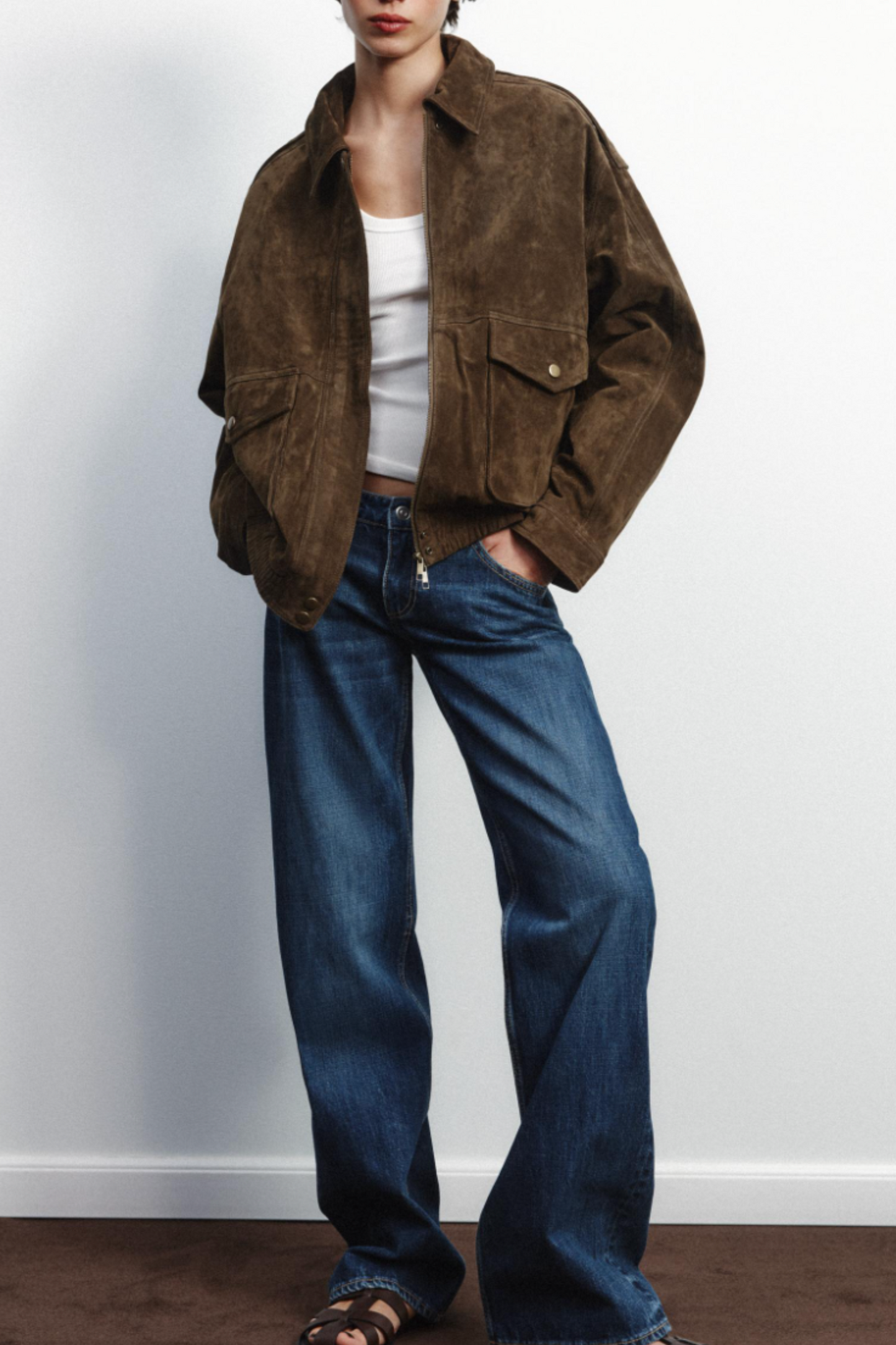 100% SUEDE LEATHER BOMBER JACKET WITH POCKETS