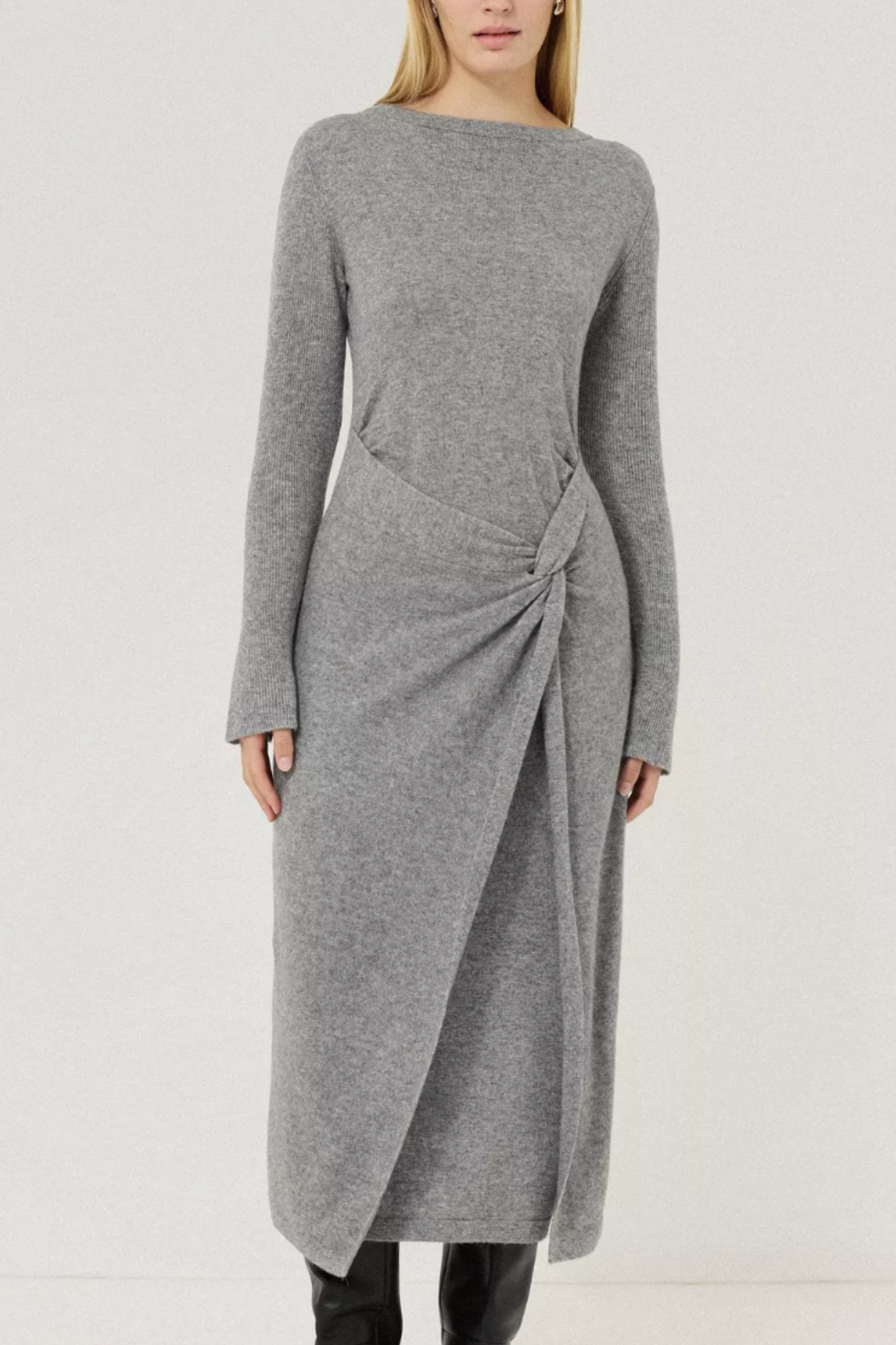 Knot Belt Wool Rich Dress, Grey