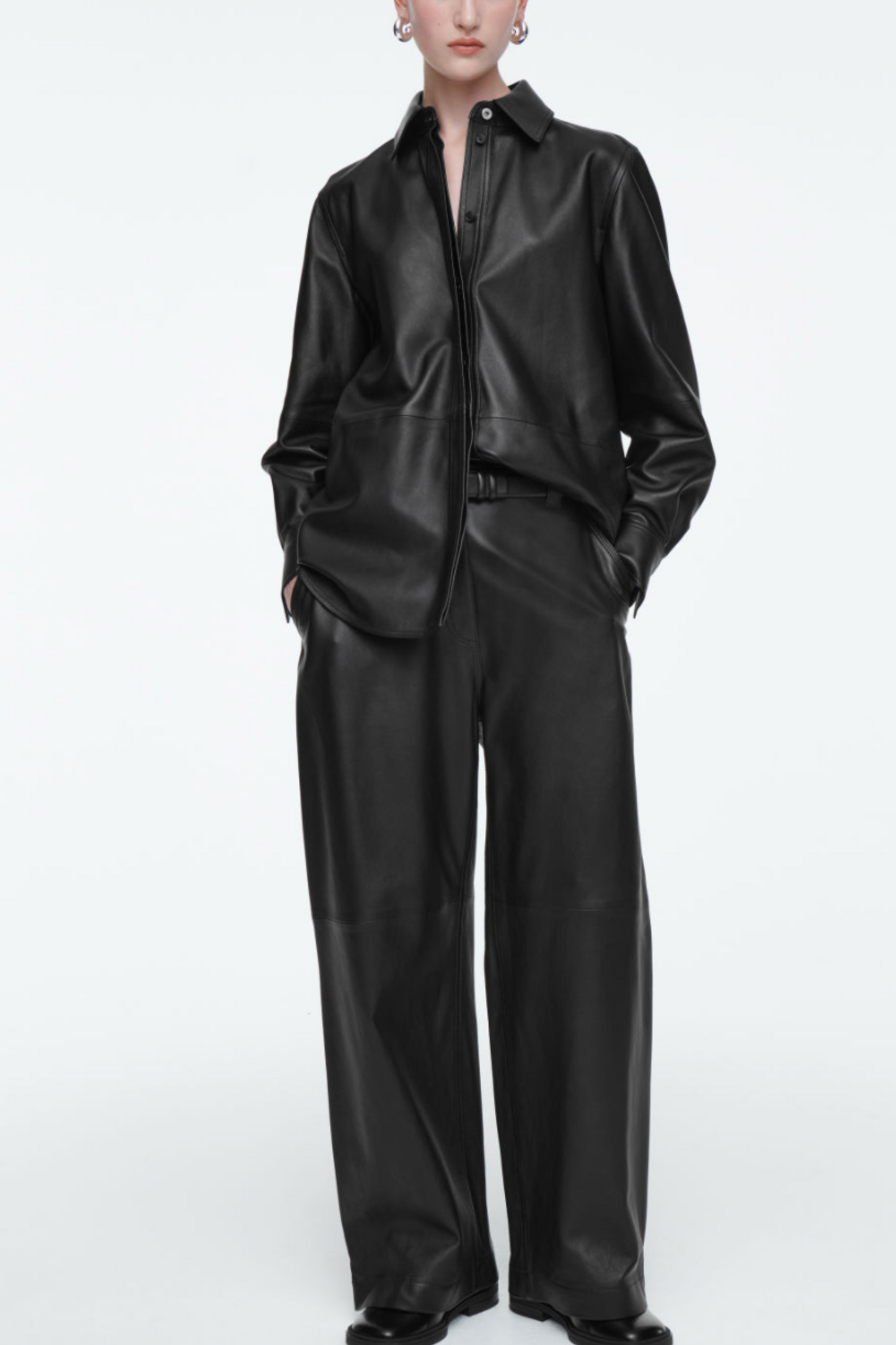 LEATHER BARREL-LEG UTILITY TROUSERS