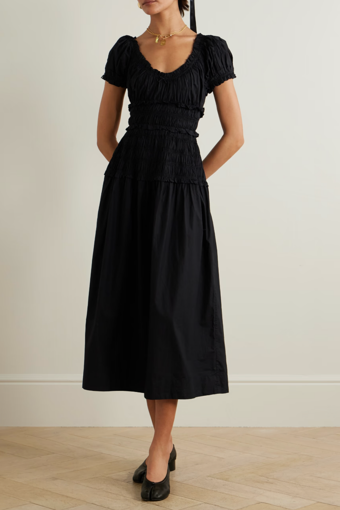 Leanne Shirred Organic Cotton-voile Midi Dress