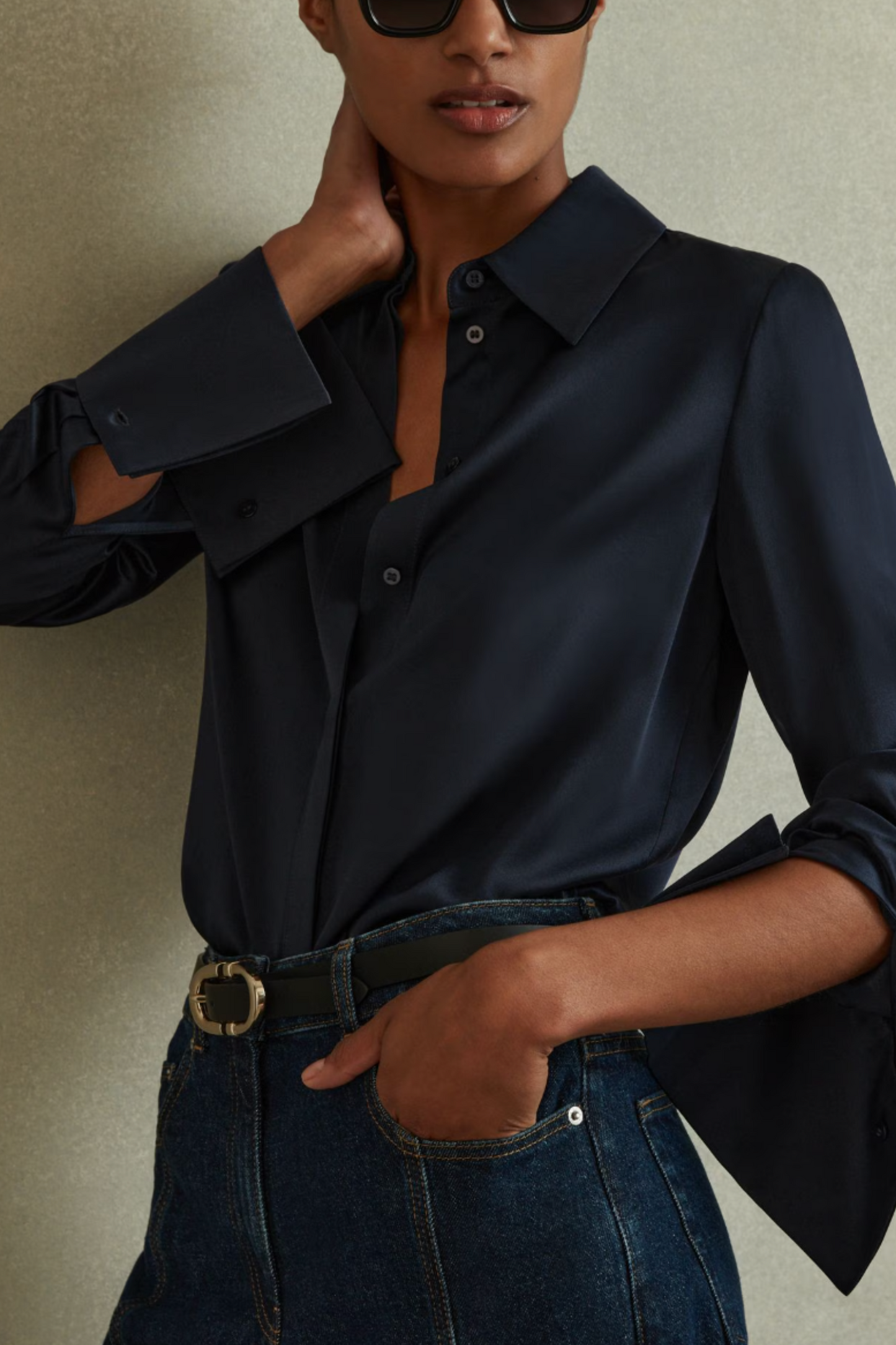 Hailey Silk Double-Cuff Button-Through Shirt in Navy