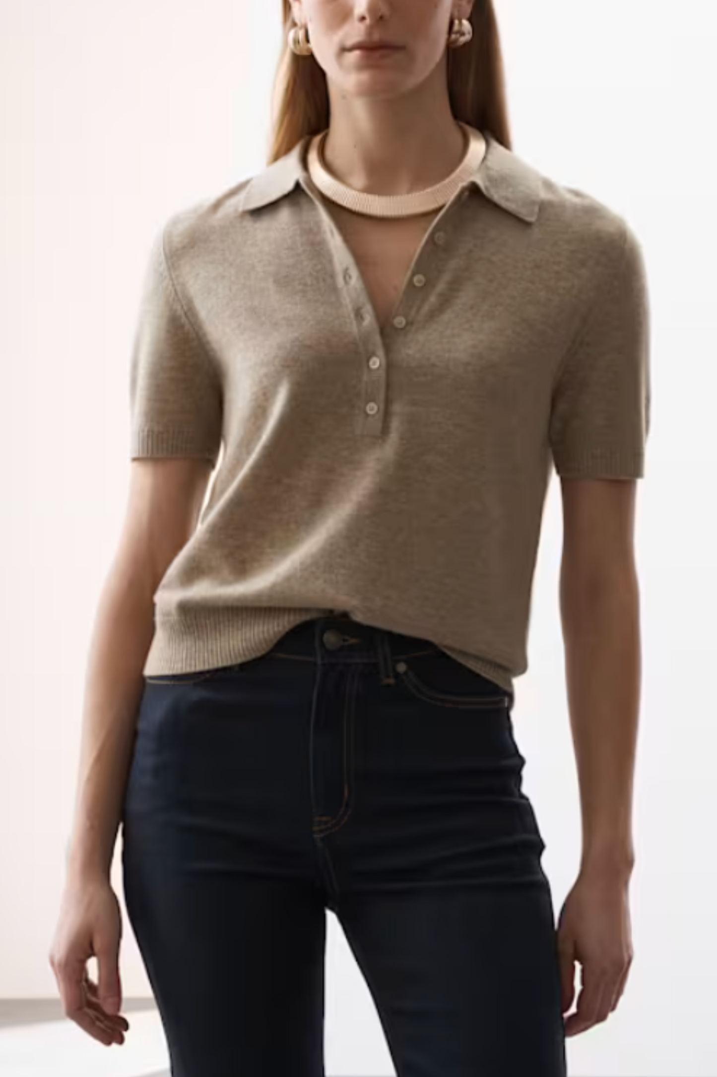 Merino Wool Rich Polo Neck Knitted Top with Cashmere