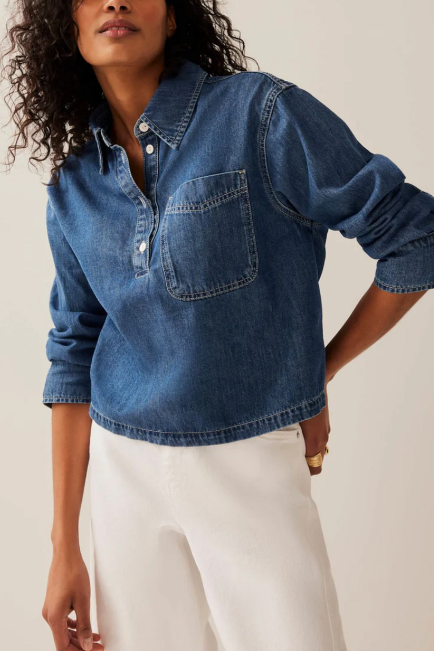 Indigo Cropped Denim Popover Shirt