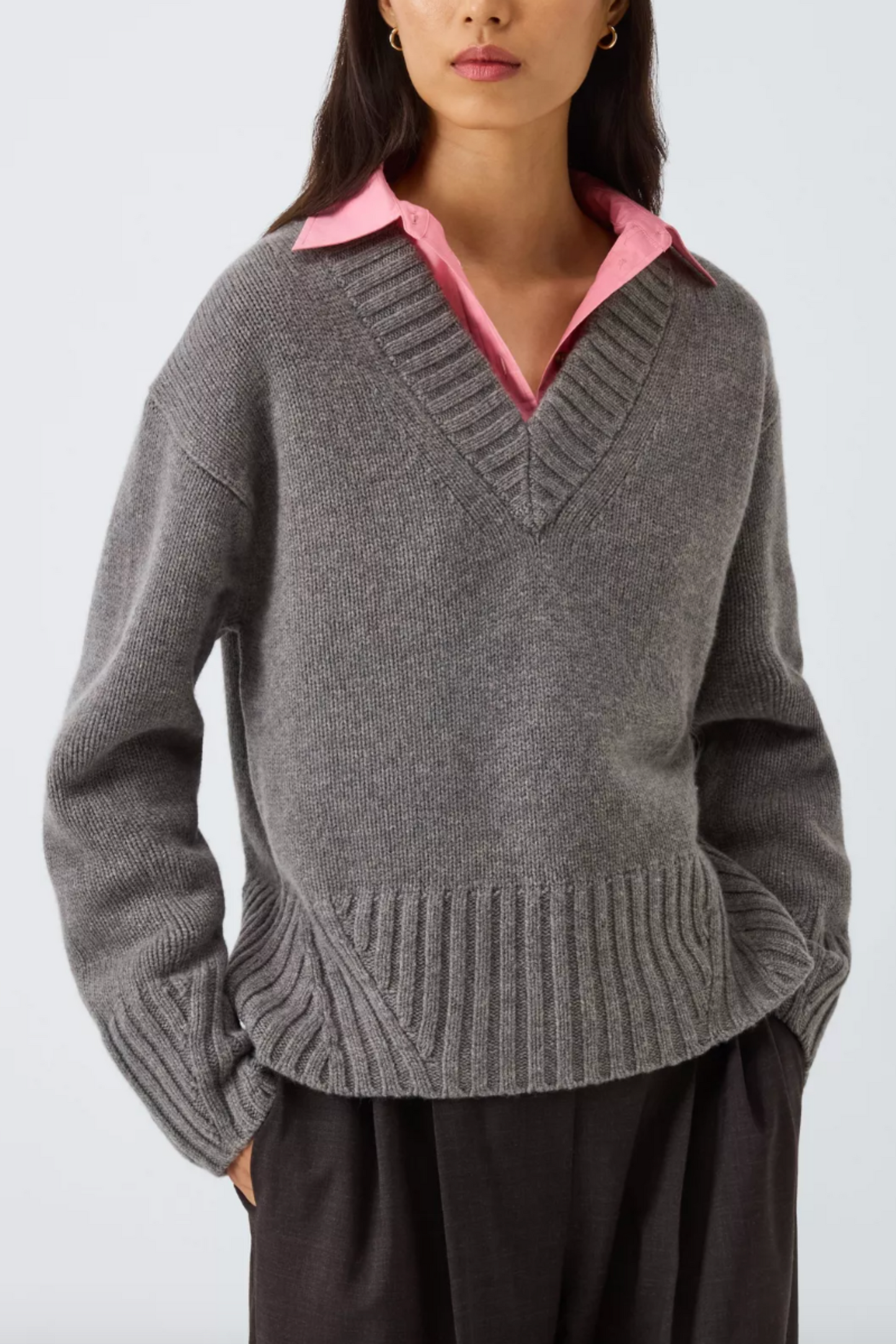 Merino Wool Blend With Cashmere V-Neck Jumper, Charcoal