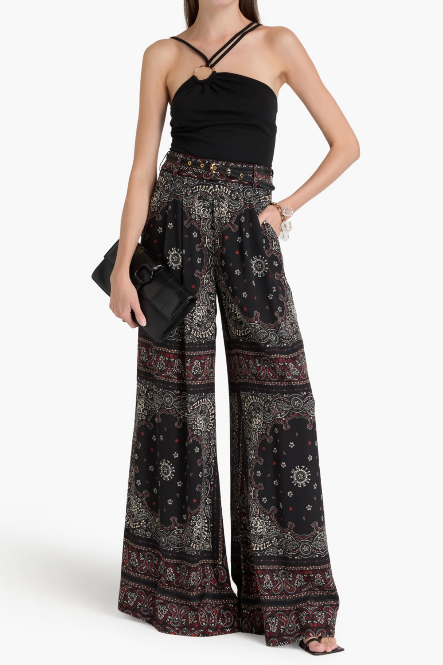 Belted Paisley-Print Crepe de Chine Wide-Leg Pants