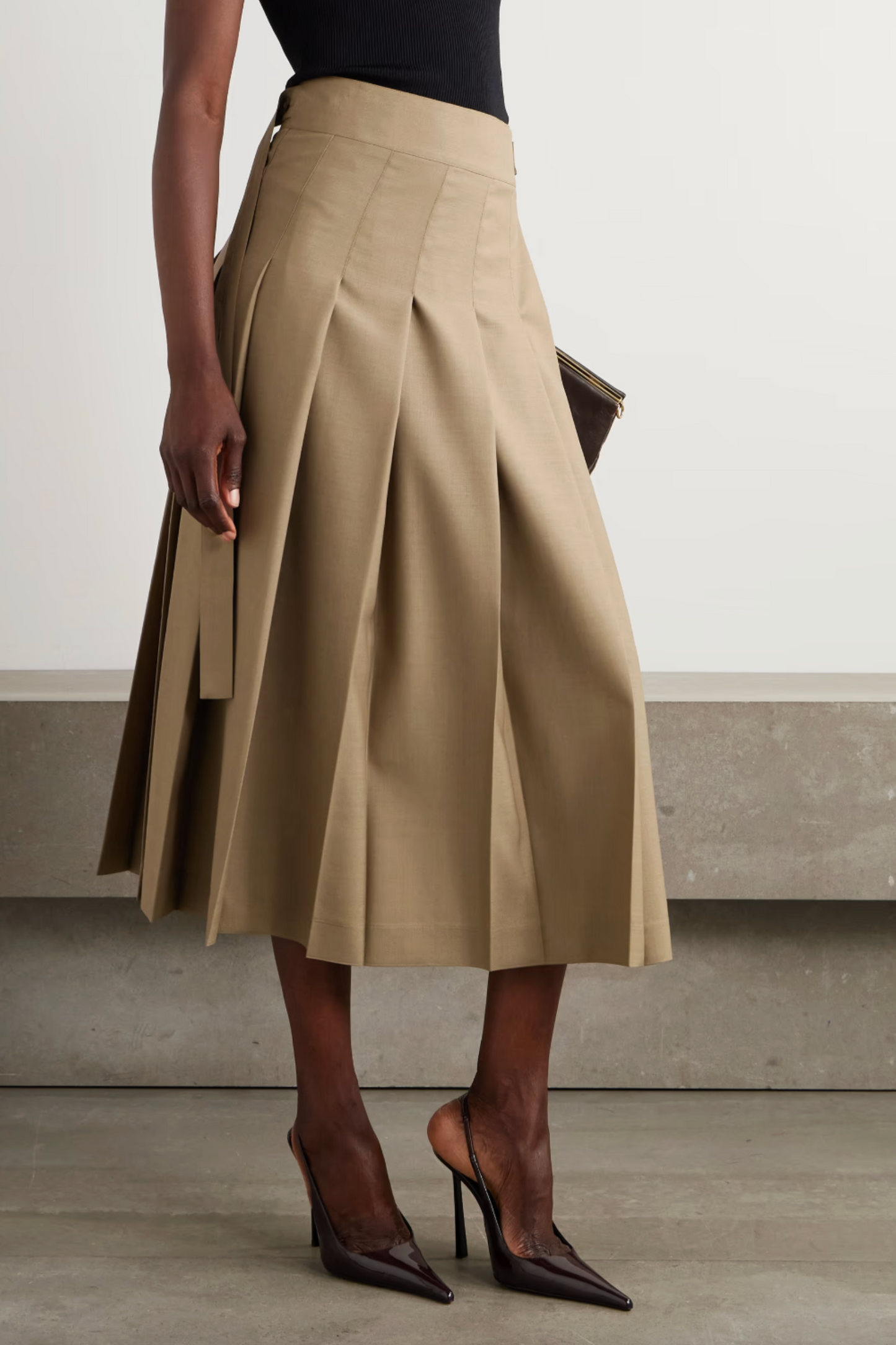 Pleated Wool-blend Midi Wrap Skirt
