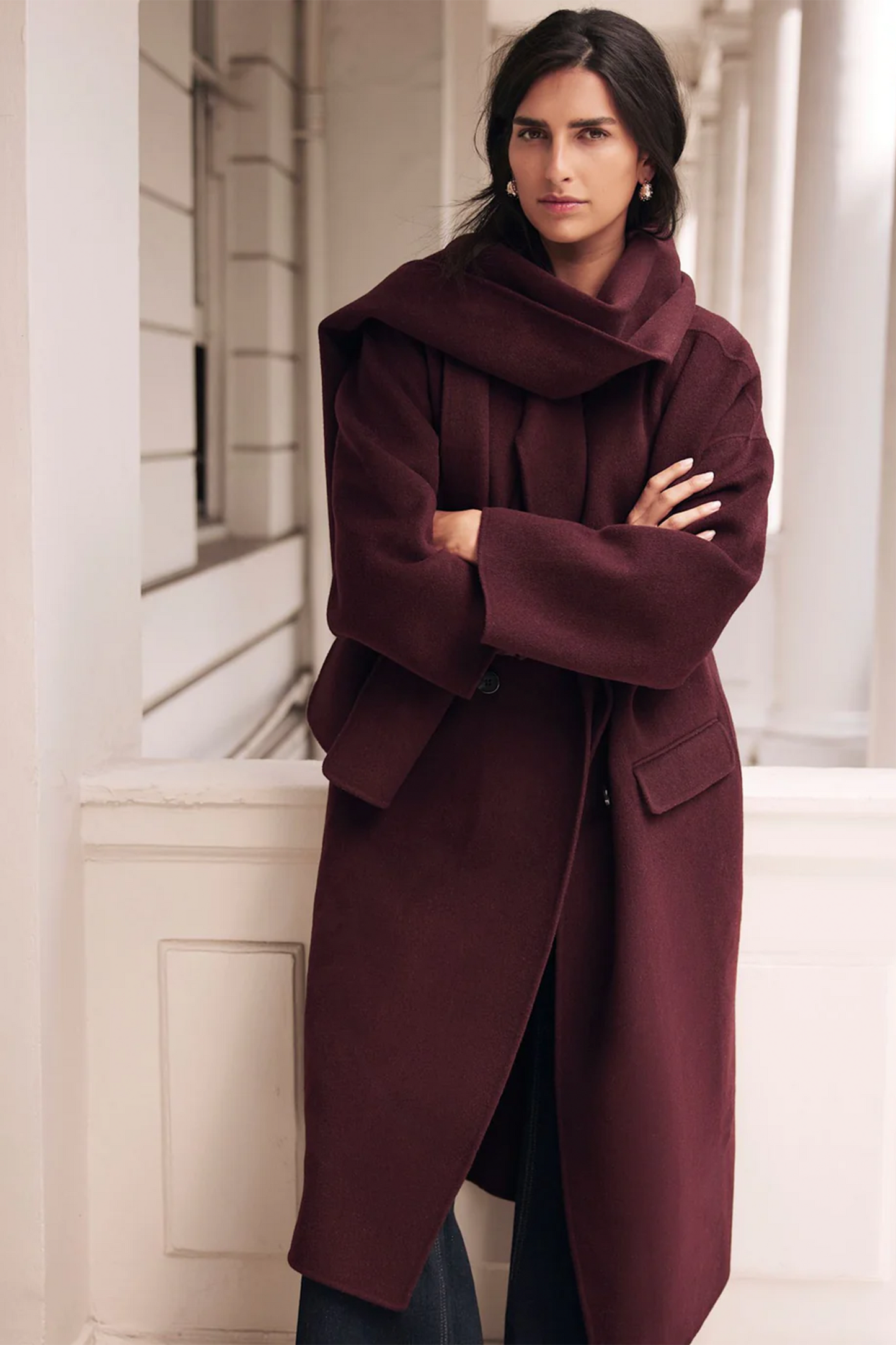 Burgundy Hand Finished Wool Blend Scarf Coat