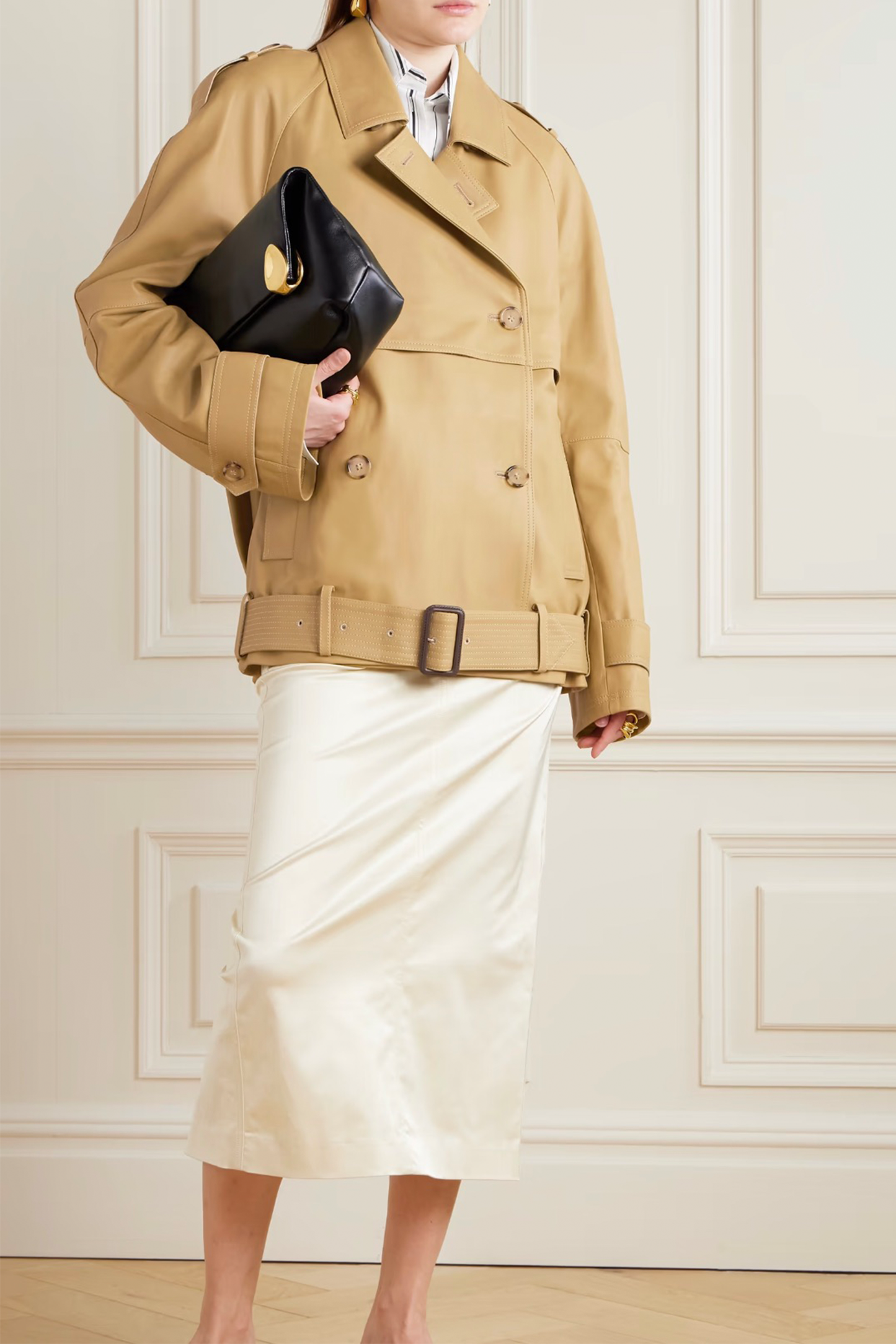 Double-Breasted Belted Layered Leather Jacket