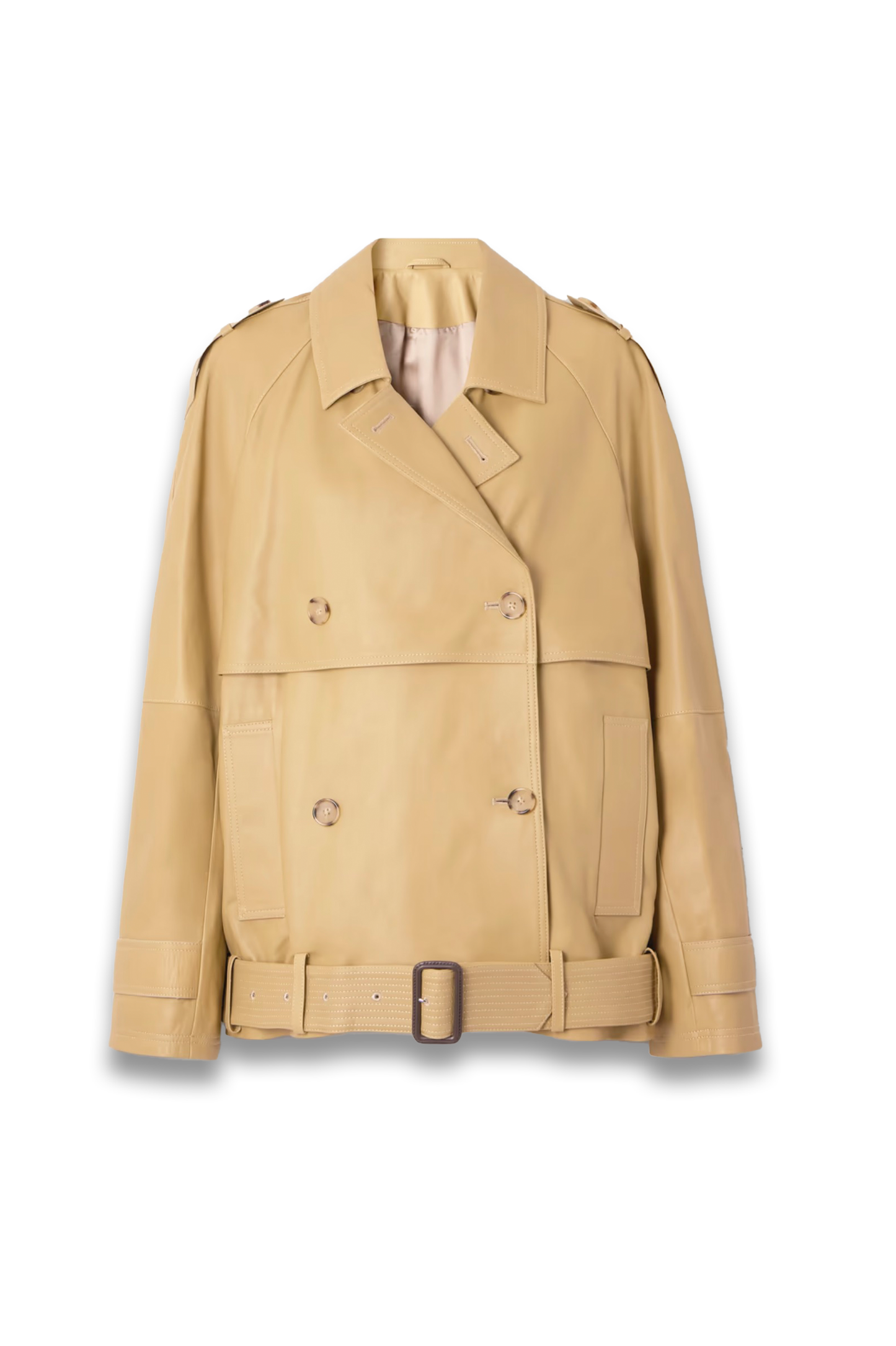 Double-Breasted Belted Layered Leather Jacket