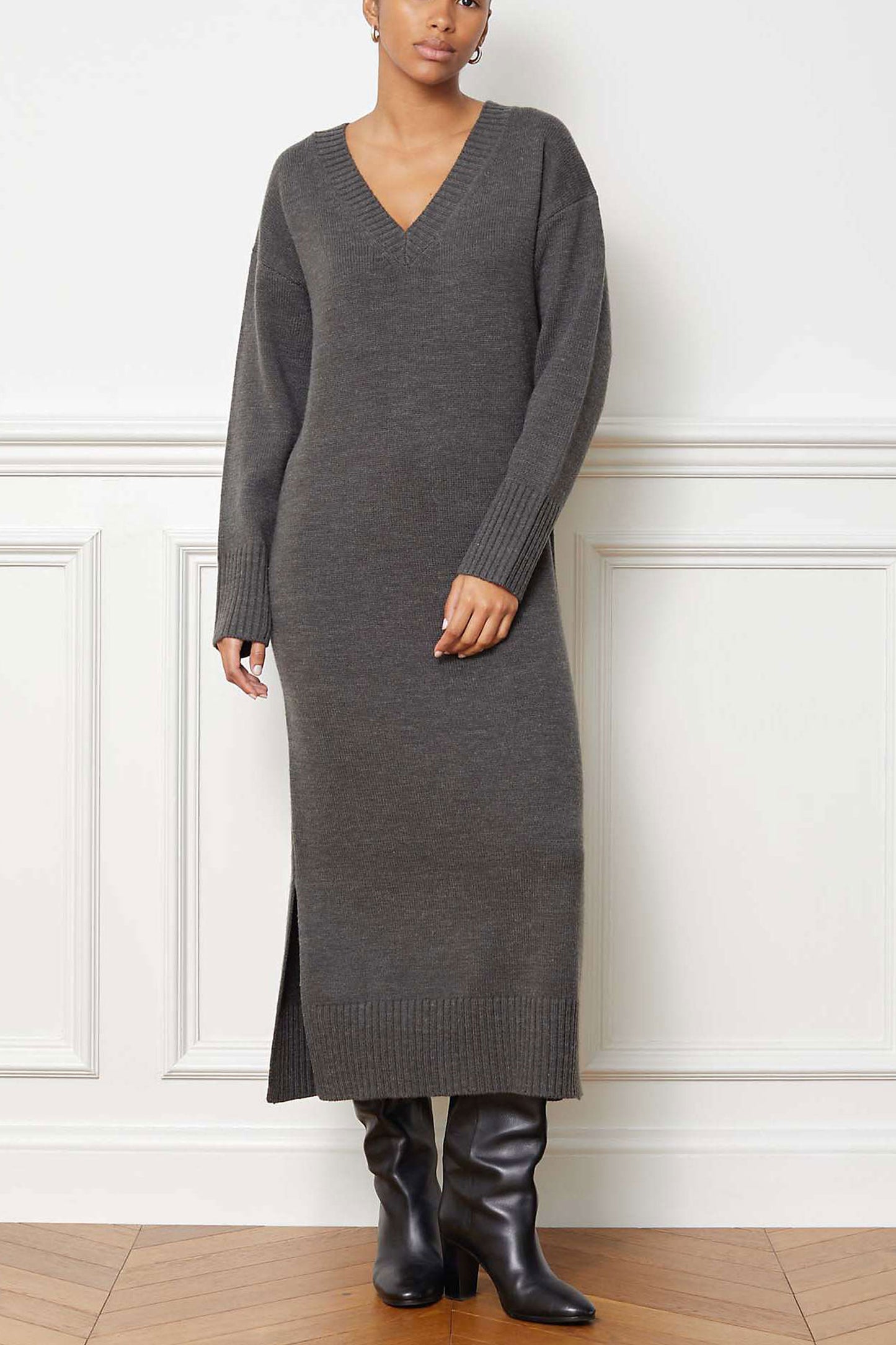 Knitted V Neck Midi Dress