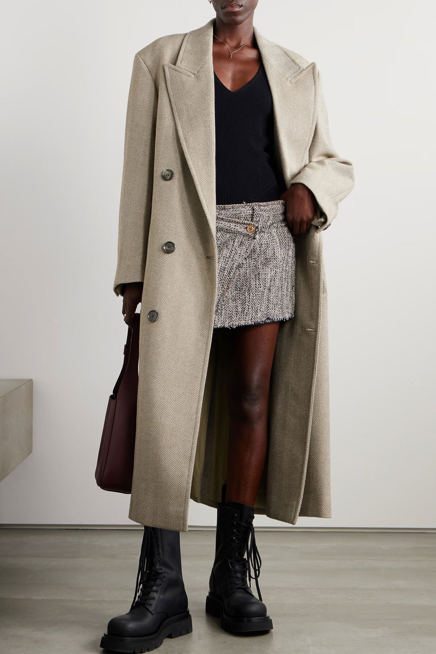 Double-breasted Herringbone Wool-blend Coat