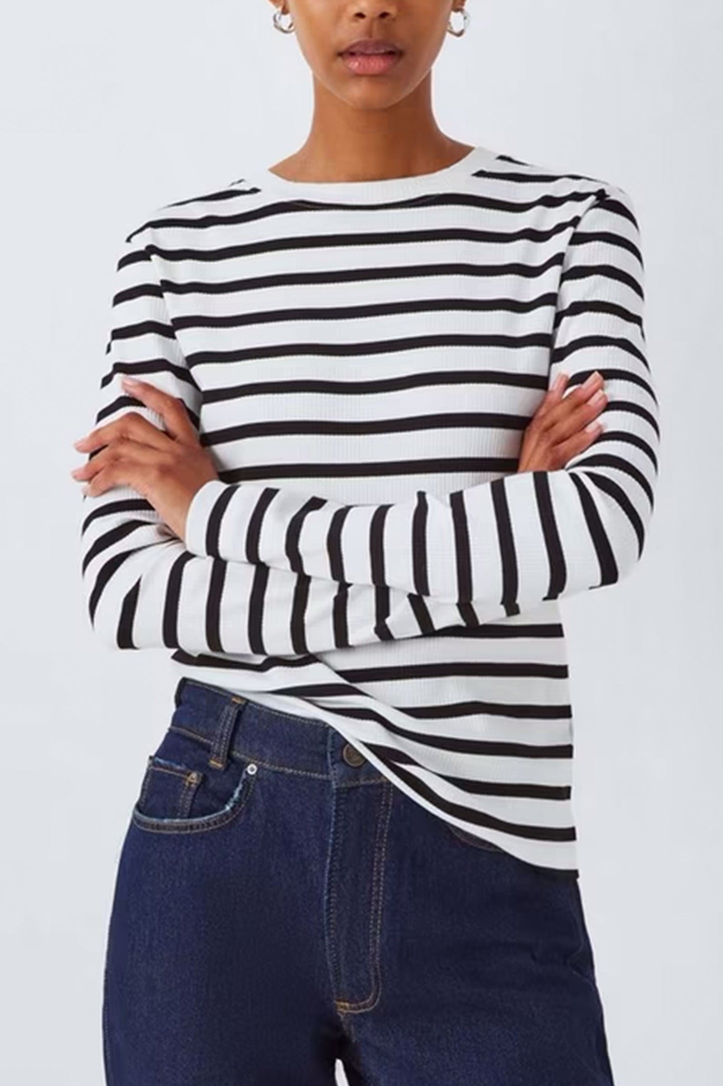 Rib Stripe Long Sleeve Top, White/Black