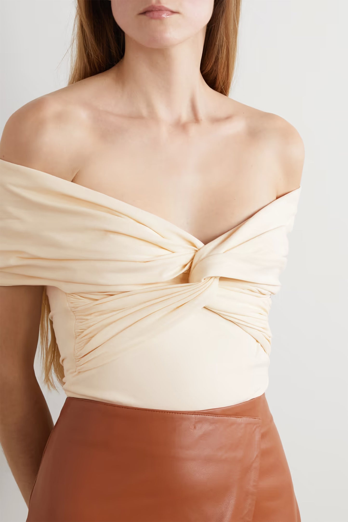 Cerise Off-the-shoulder Knotted Jersey Bodysuit