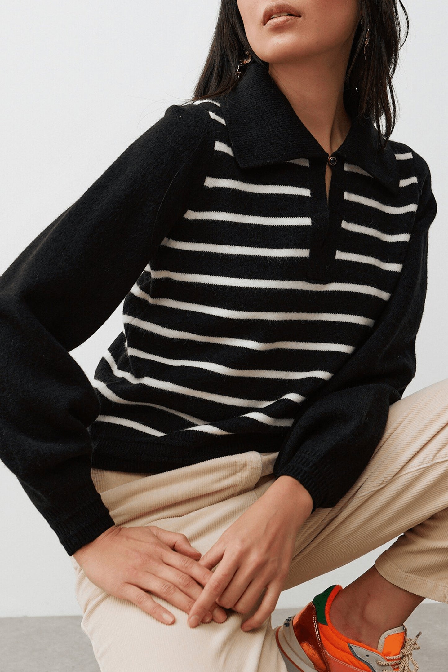 Monochrome Collared Stripe Knitted Jumper
